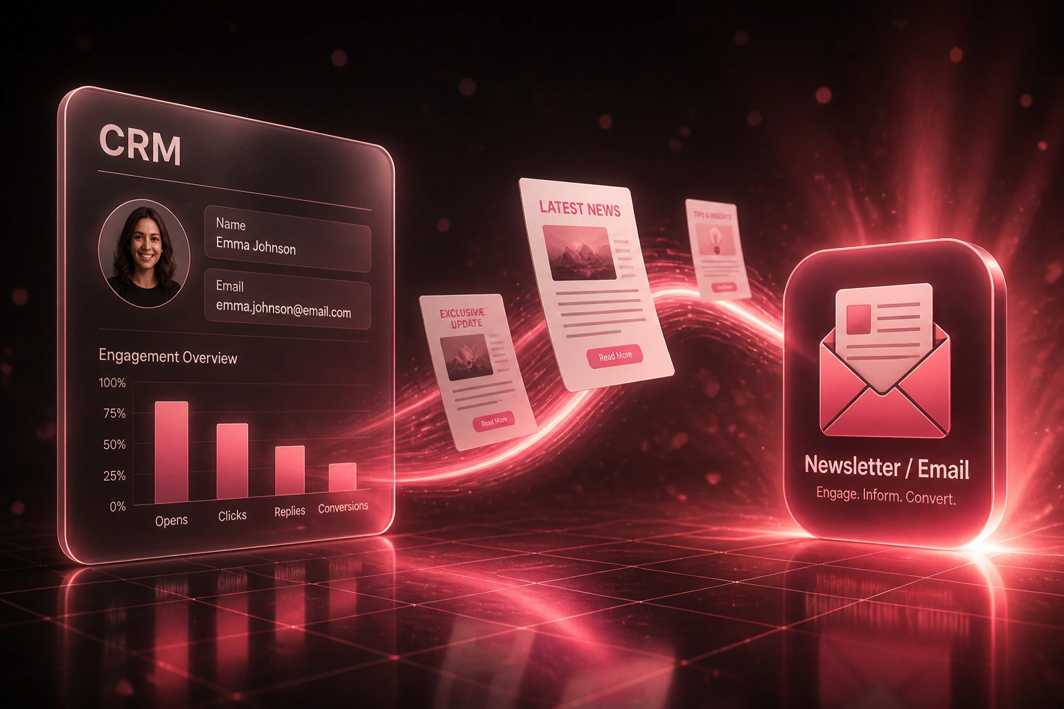 A glass CRM panel connected by a coral-magenta ribbon of flying newsletter emails to a glossy Newsletter Email badge, illustrating a retention-first email marketing strategy