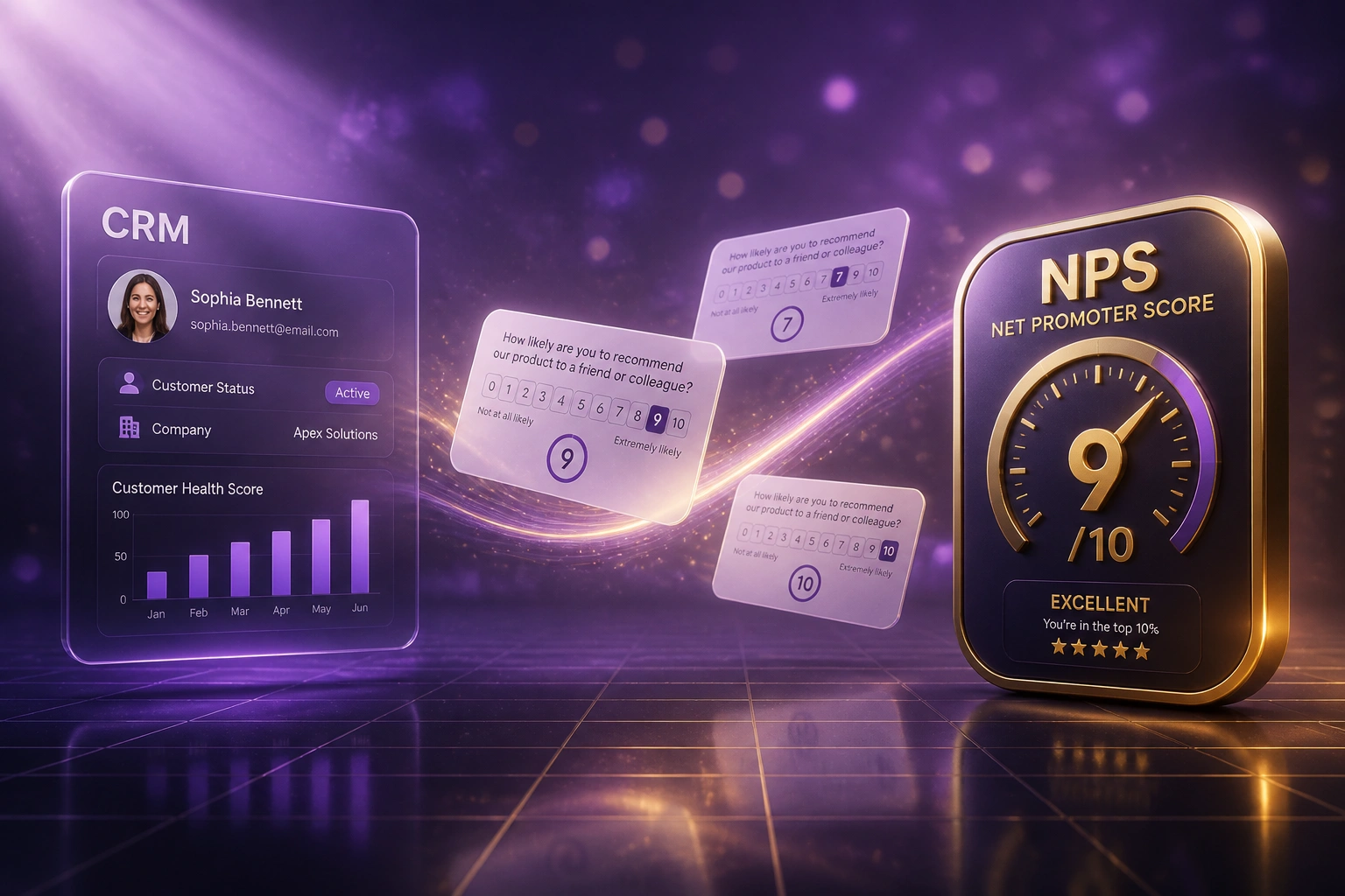 A glass CRM panel and a glossy gold NPS score badge connected by survey response cards on a violet ribbon of light in a soft violet feedback studio
