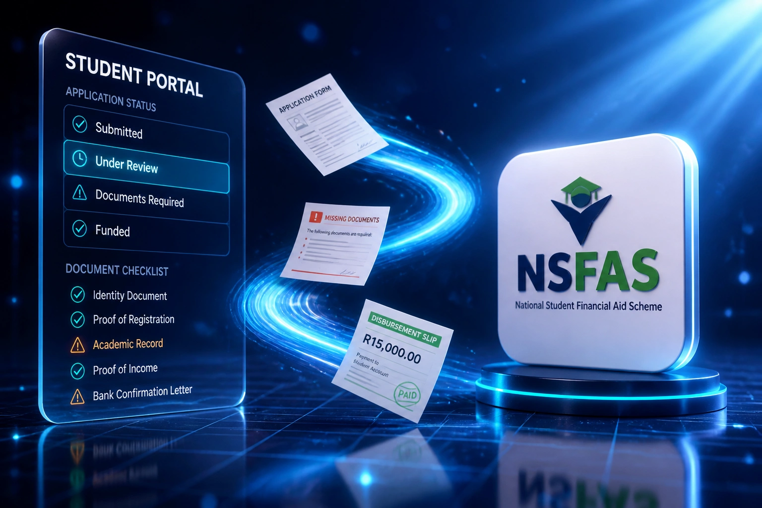 A glass Student Portal panel showing NSFAS application status and a document checklist, linked by mid-flight forms to a glossy NSFAS badge on a deep indigo cyan-lit floor