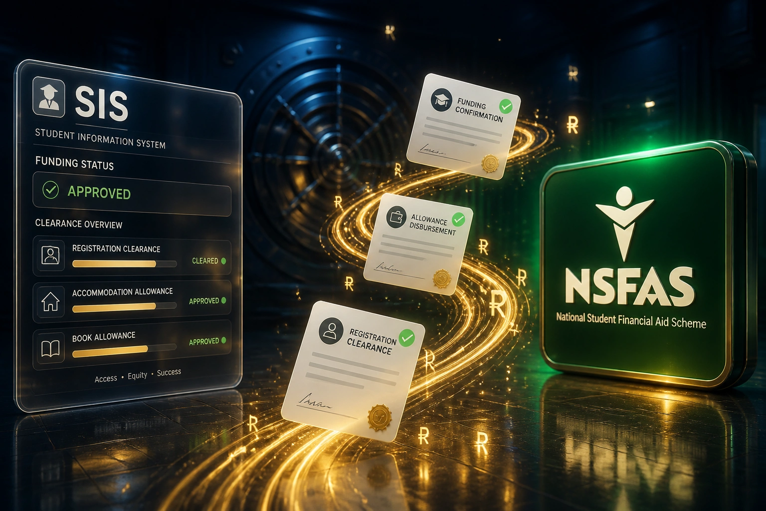 A glass SIS panel showing funding clearance fields and a glossy NSFAS badge linked by a gold Rand filament carrying funding confirmation and allowance documents in a deep navy finance vault