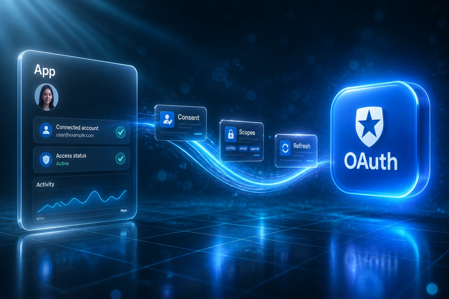 Glass App panel and blue OAuth badge linked by an electric-blue ribbon carrying Consent, Scopes, and Refresh cards over a deep ocean teal grid