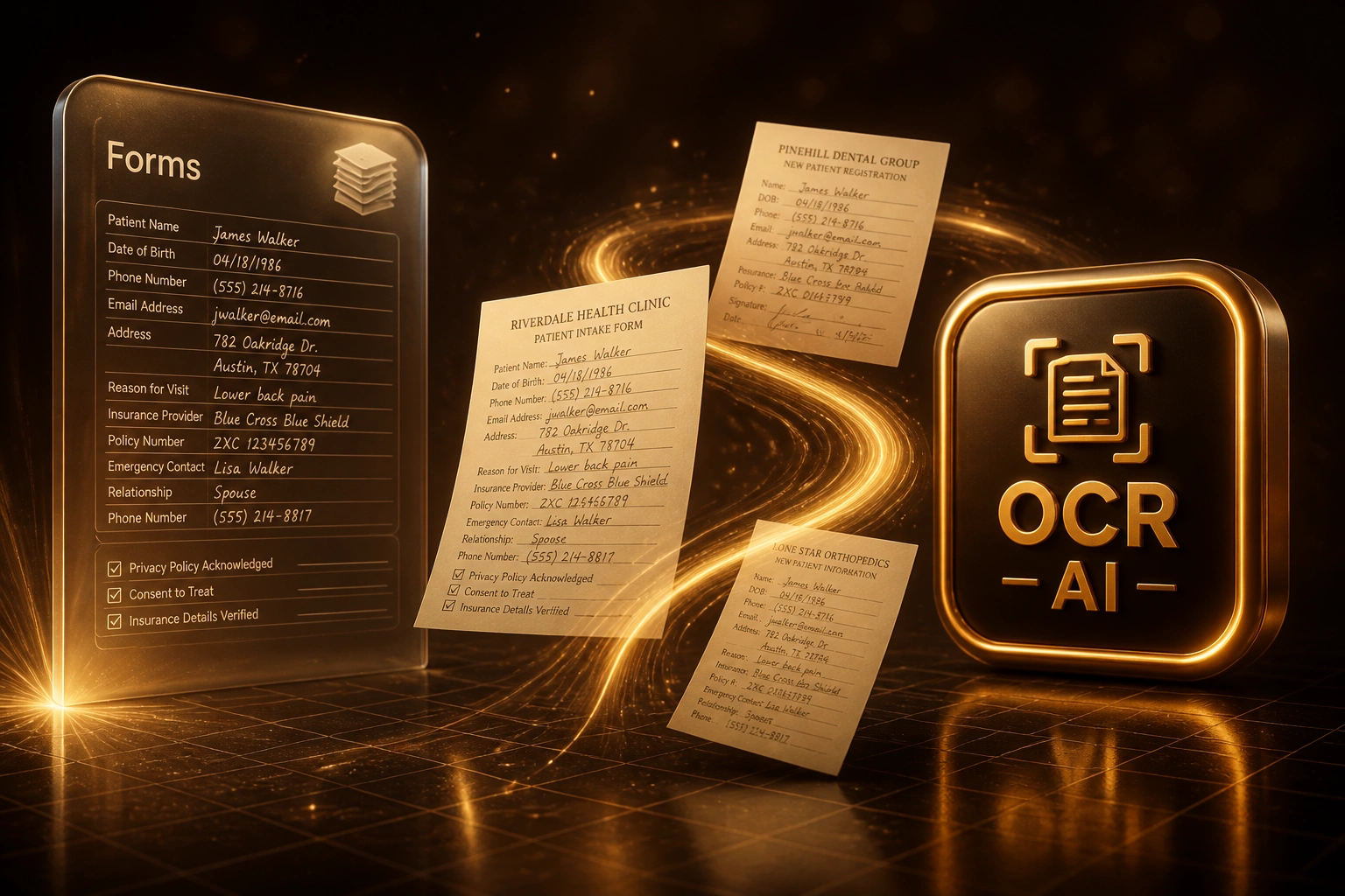 A glass Forms panel and a parchment-gold OCR AI badge connected by handwritten clinic forms riding a warm light ribbon, illustrating paper form digitisation