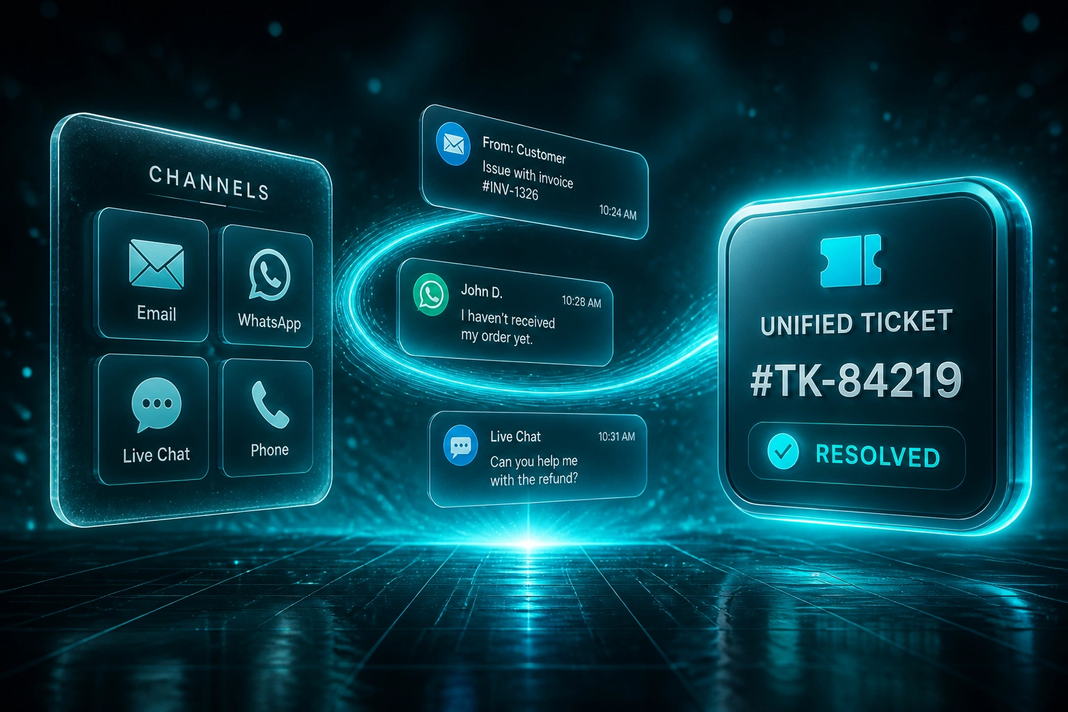 A glass CHANNELS panel and a glossy Unified Ticket badge linked by conversation cards on a cyan ribbon of light over a deep teal reflective grid
