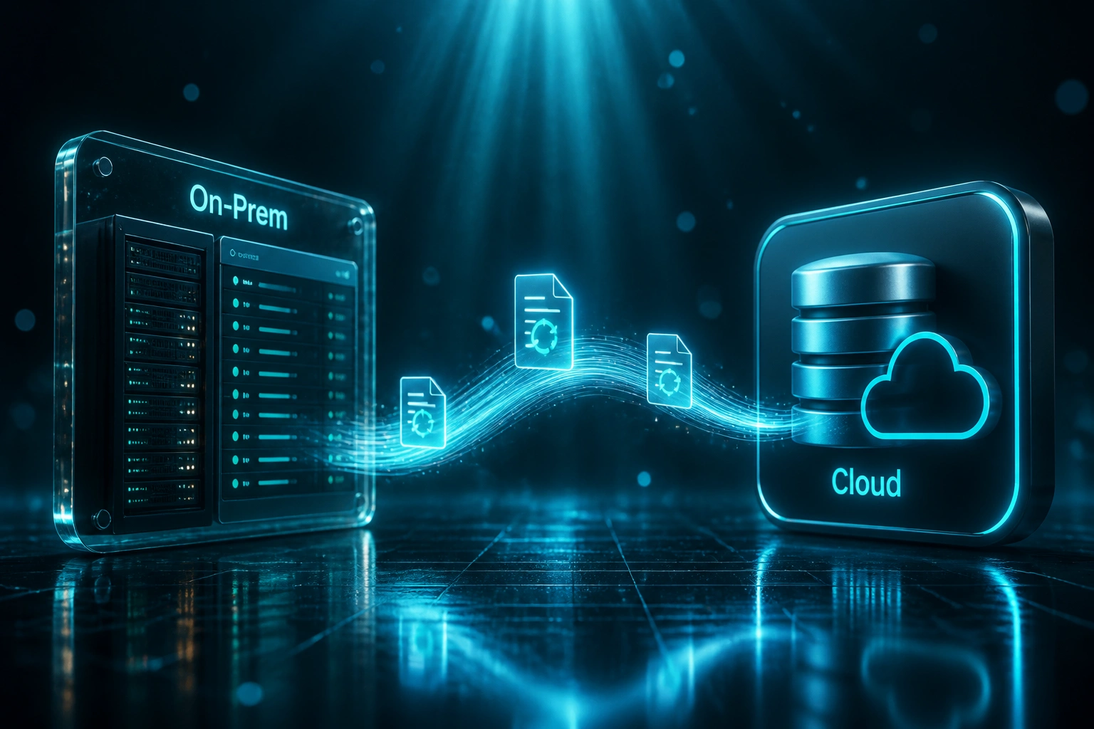 An on-prem database panel and a cloud database badge linked by a continuous cyan replication ribbon of sync documents, illustrating zero-downtime live migration