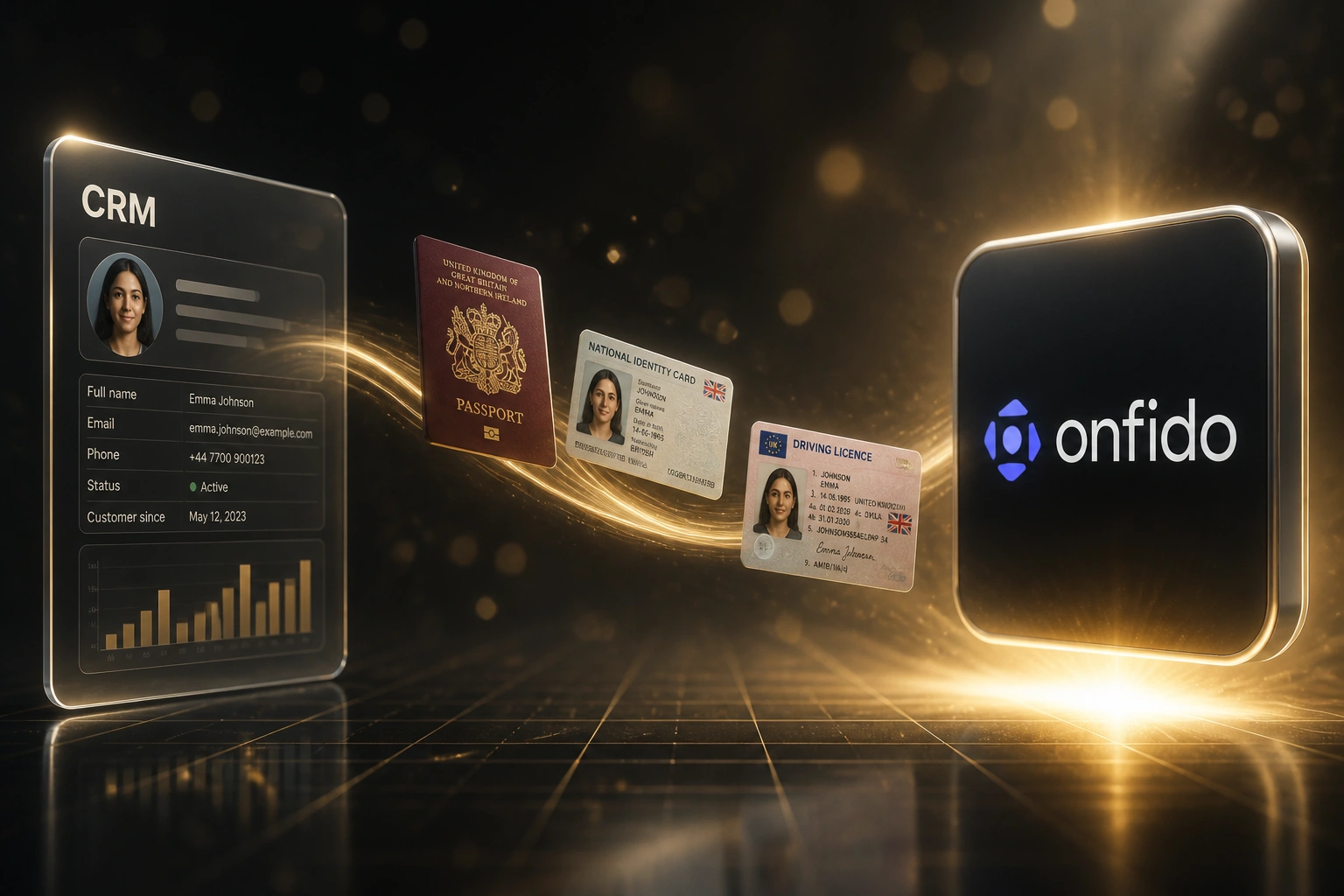 A glass CRM panel and the Onfido logo connected by identity documents on a soft gold ribbon of light, illustrating document and biometric KYC integration