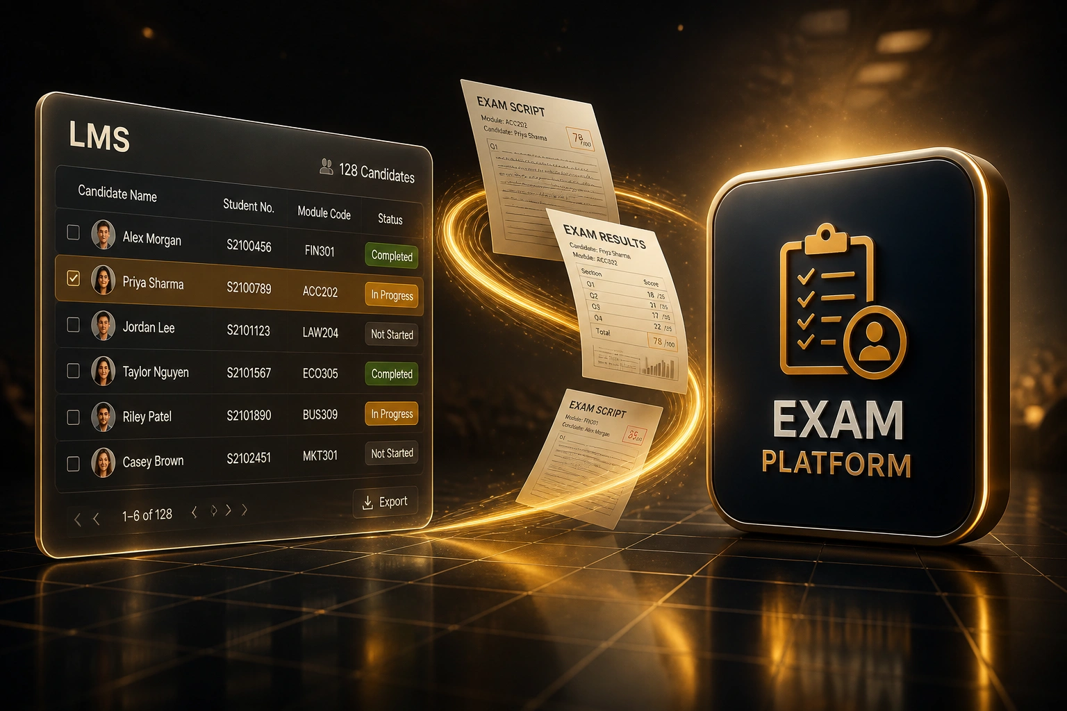 A glass LMS exam roster panel and a navy Exam Platform badge connected by an amber ribbon of exam scripts and result sheets, illustrating automated digital assessment integration