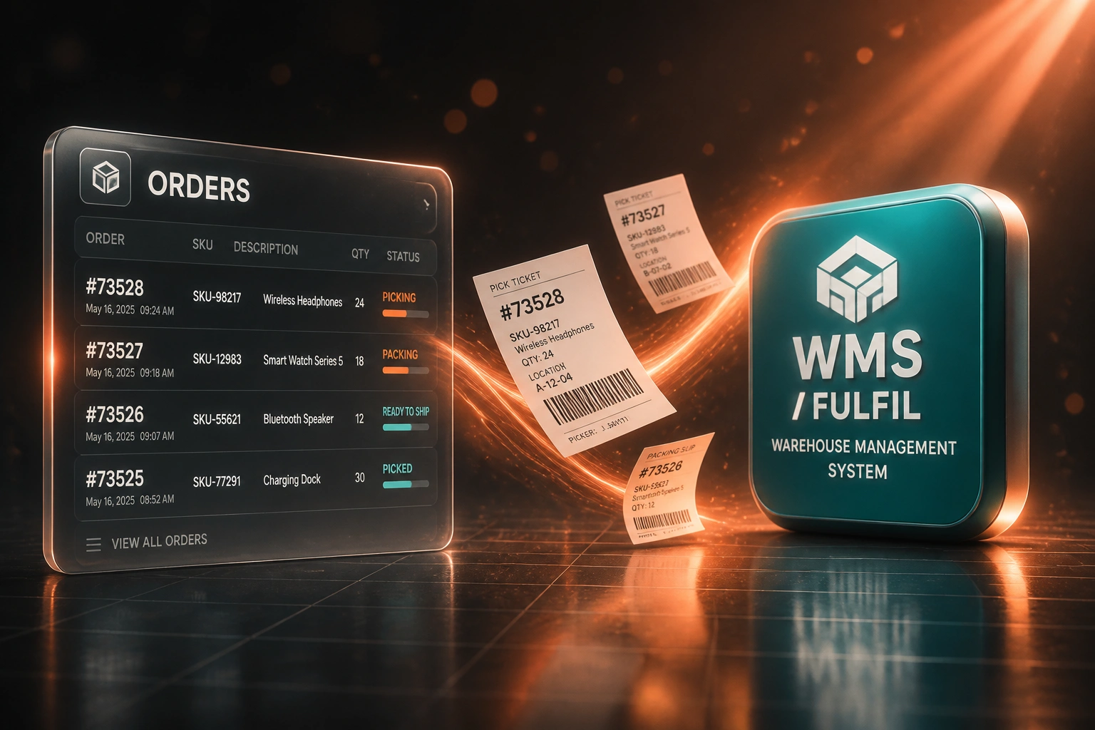 A glass ORDERS pick-list panel and a teal WMS / FULFIL badge linked by packing slips on a coral light ribbon over a warm charcoal warehouse floor