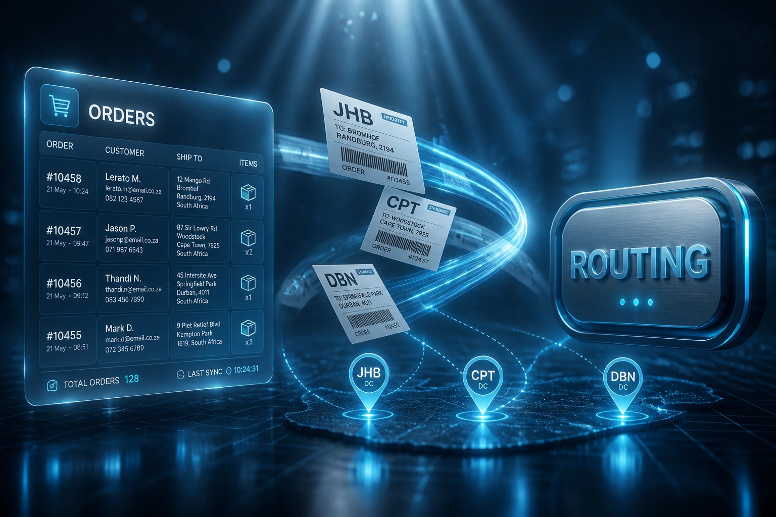 A glass ORDERS panel and a cyan ROUTING badge linked by shipping labels flying toward JHB, CPT, and Durban DC markers on a steel-blue grid