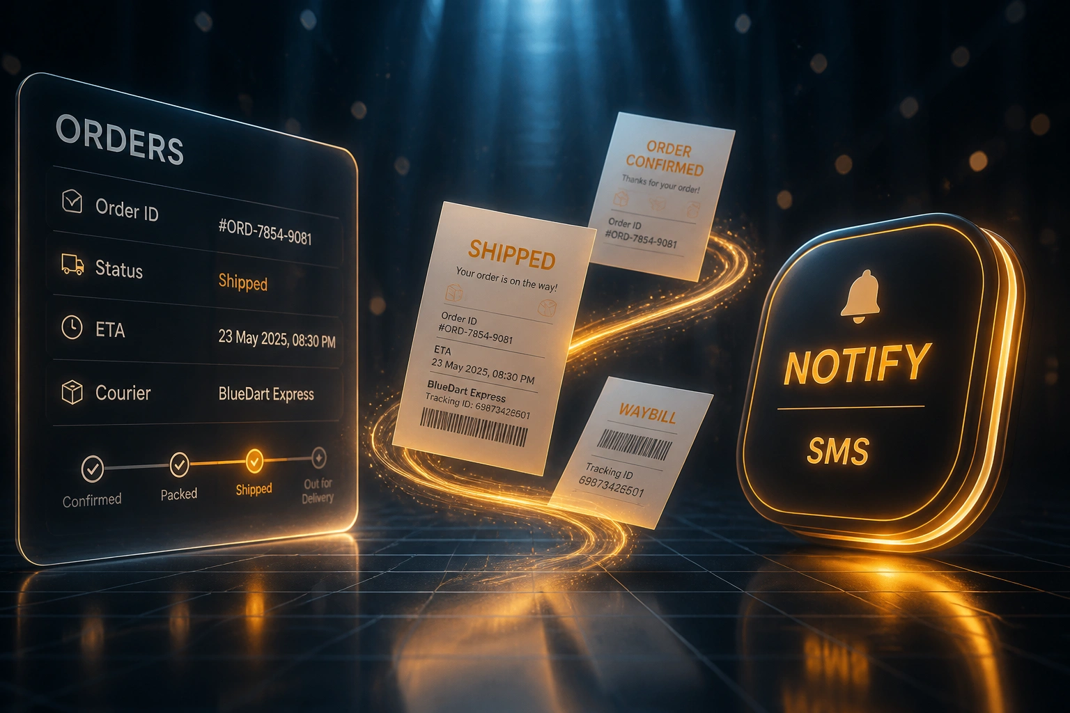 A glass ORDERS tracking panel connected by an amber ribbon of notification documents to a glossy NOTIFY SMS badge on a cool midnight indigo floor