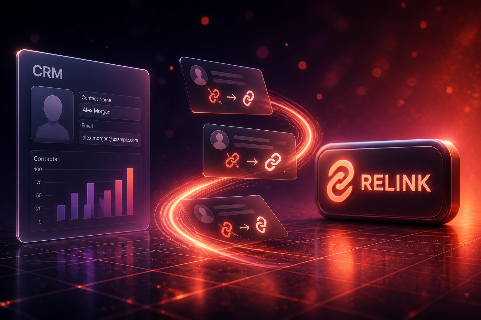 A glass CRM panel and a glossy RELINK badge connected by a coral ribbon of orphaned record cards reconnecting with link icons on a midnight purple scene