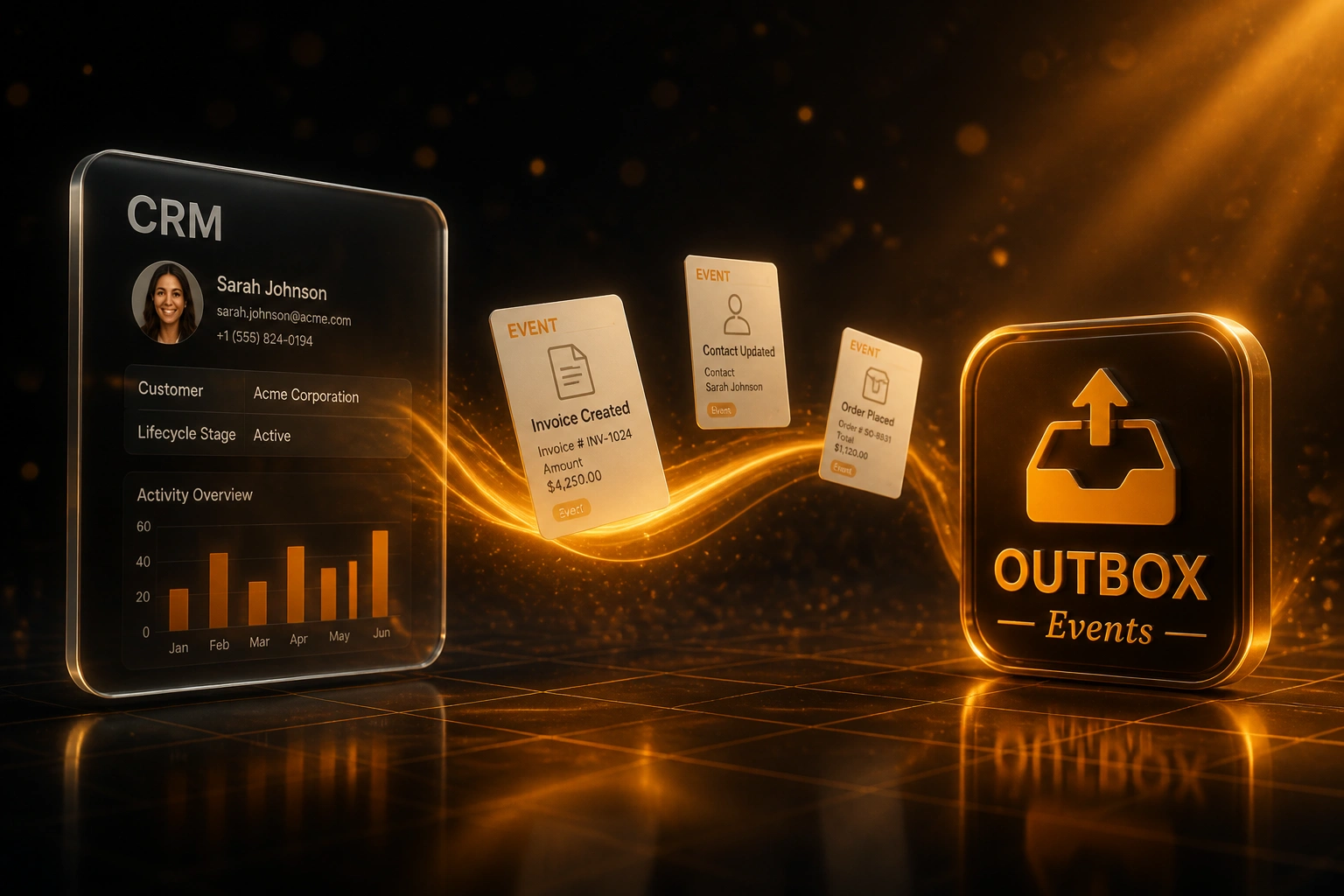 A glass CRM panel and an amber-gold OUTBOX badge linked by an S-curved ribbon of invoice, contact, and order event cards, illustrating transactional outbox reliable messaging