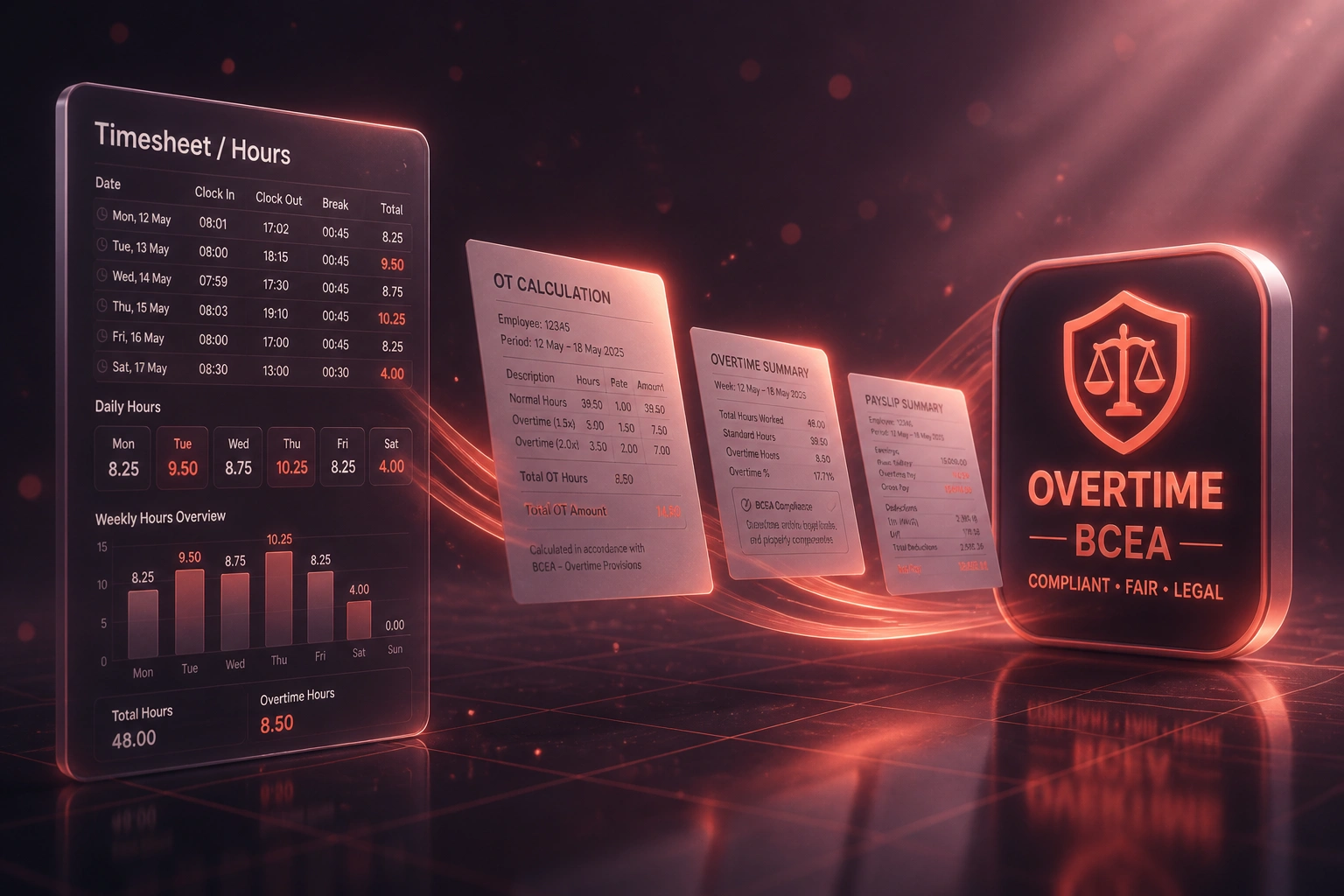 A glass Timesheet Hours panel and a glossy Overtime BCEA compliance badge connected by a coral ribbon of OT calculation sheets