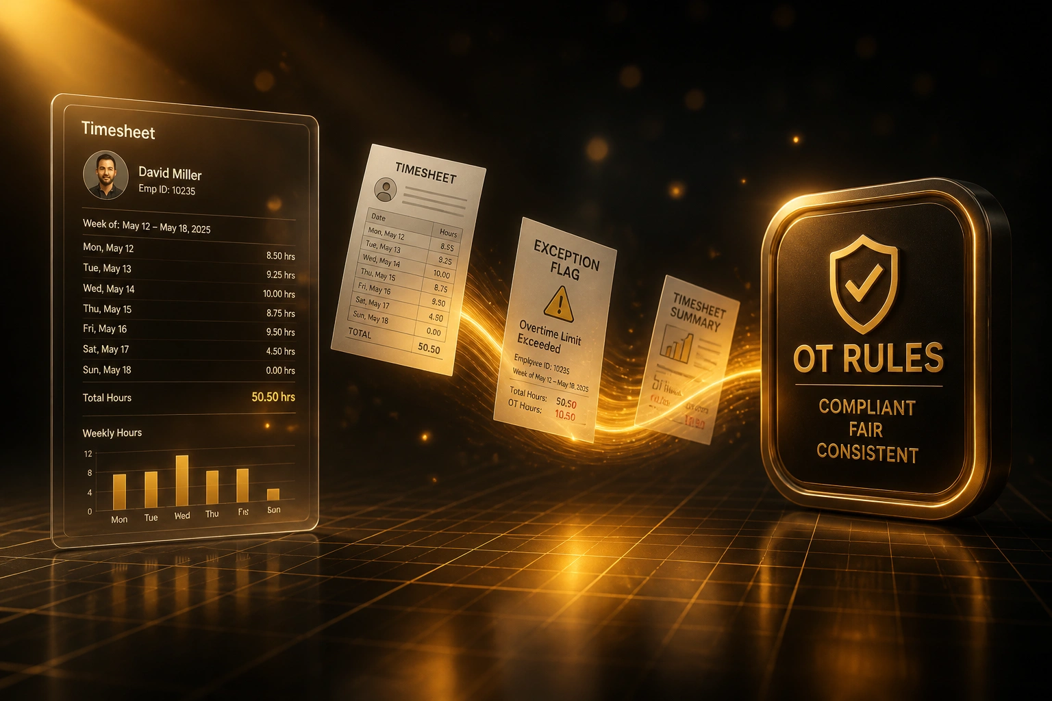 A glass Timesheet panel and a glossy OT Rules compliance badge connected by an amber ribbon of timesheets and exception flags