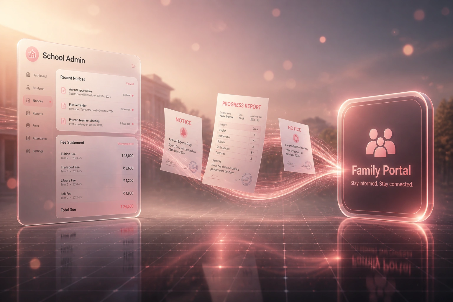 A glass School Admin panel and a glossy Family Portal badge linked by a warm rose ribbon of notices and progress reports