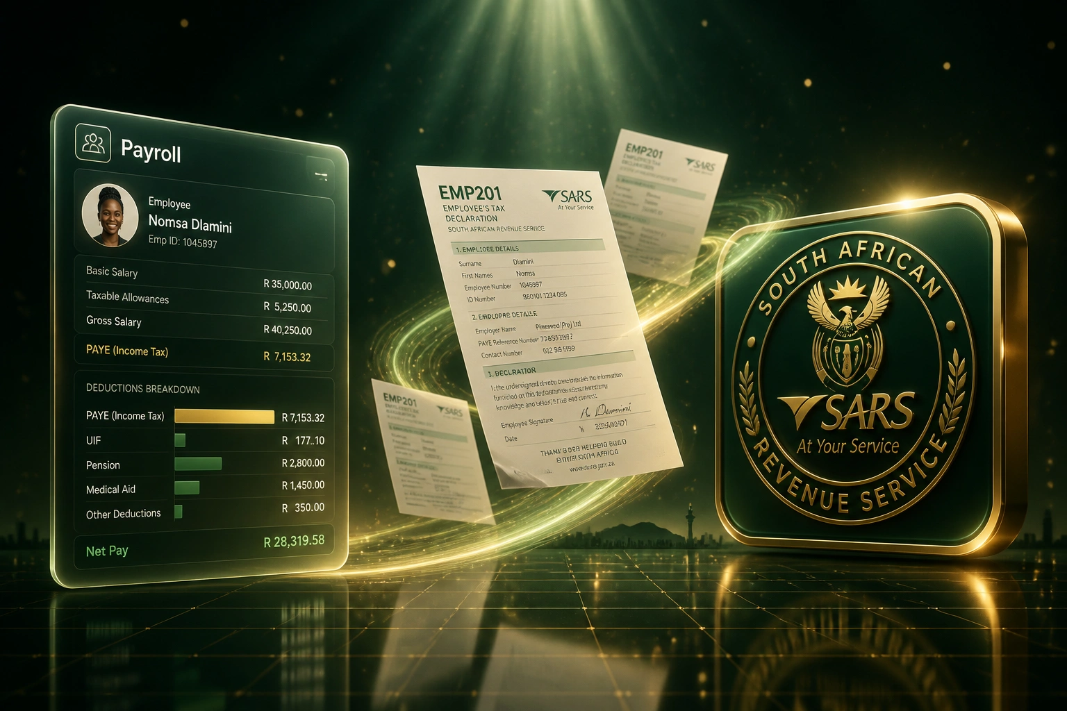 A payroll glass panel and a gold SARS seal connected by EMP201 tax documents on a ribbon of light, illustrating automated PAYE filing