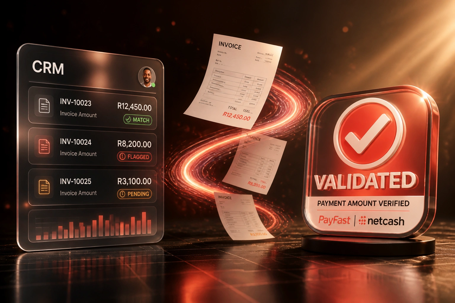 A glass CRM panel showing invoice amount rows and a glossy Validated check badge linked by a ribbon of payment documents, illustrating pre-processing payment amount validation
