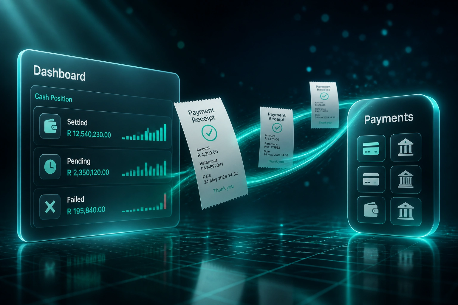 A glass Finance dashboard showing Settled, Pending, and Failed cash tiles connected by an emerald ribbon of payment receipts to a multi-provider Payments badge