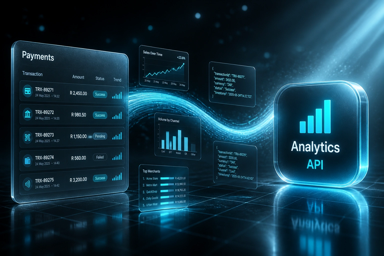 A Payments glass panel with transaction rows connected by a cyan data ribbon to an Analytics API badge, with chart tiles and data cards mid-flight