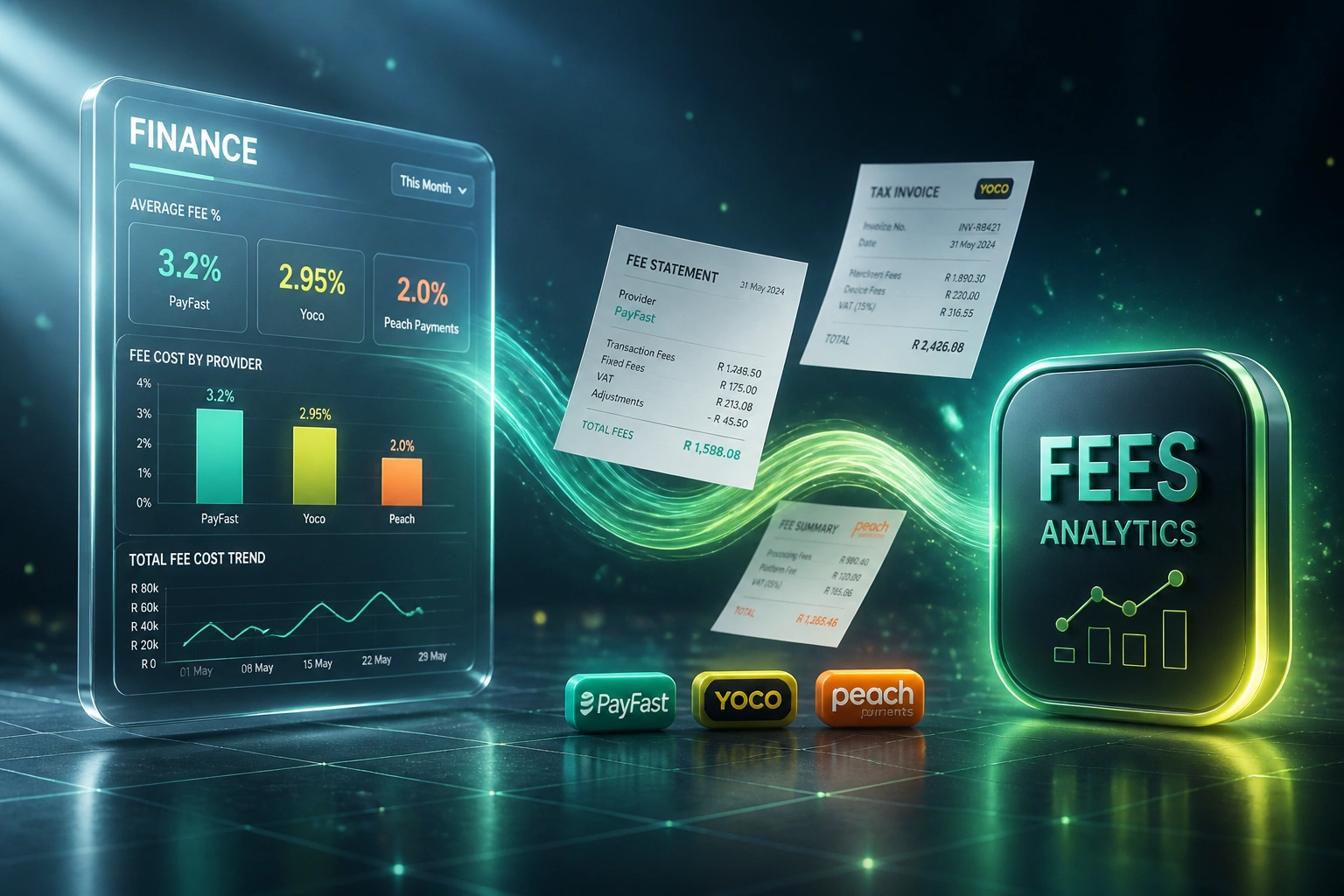 A glass Finance panel with fee percentage tiles connected by a mint light ribbon to a Fees Analytics badge, with PayFast, Yoco, and Peach fee statements mid-flight