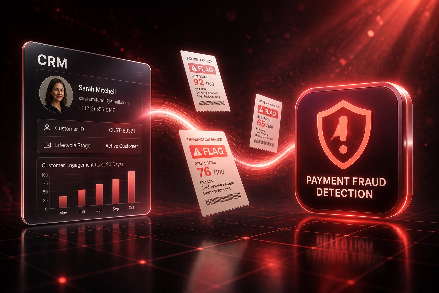 A glass CRM panel and a coral-red fraud shield badge connected by flagged payment alerts on a ribbon of light, illustrating real-time payment fraud detection