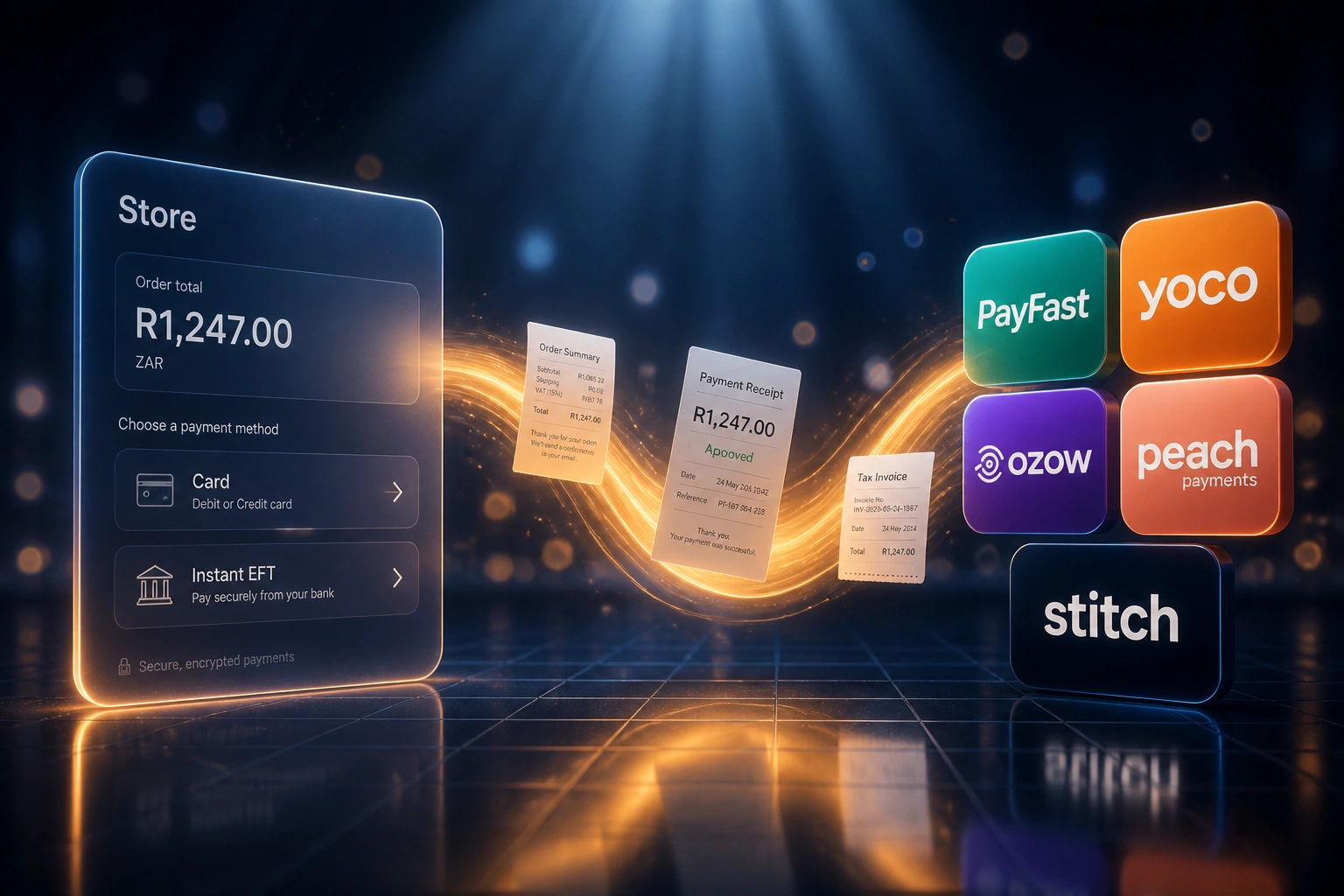 A Store checkout panel and glossy PayFast, Yoco, Ozow, Peach, and Stitch badges linked by a gold ribbon of receipts, illustrating a South African payment gateway comparison