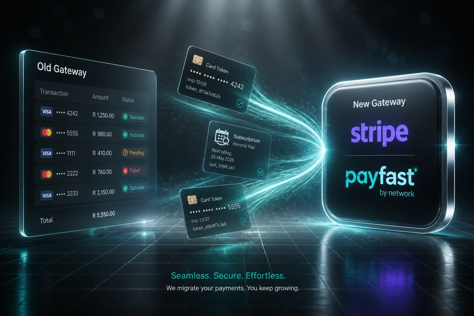 An Old Gateway glass panel and a New Gateway badge linked by a teal ribbon of card tokens and subscription records, illustrating a staged payment gateway migration