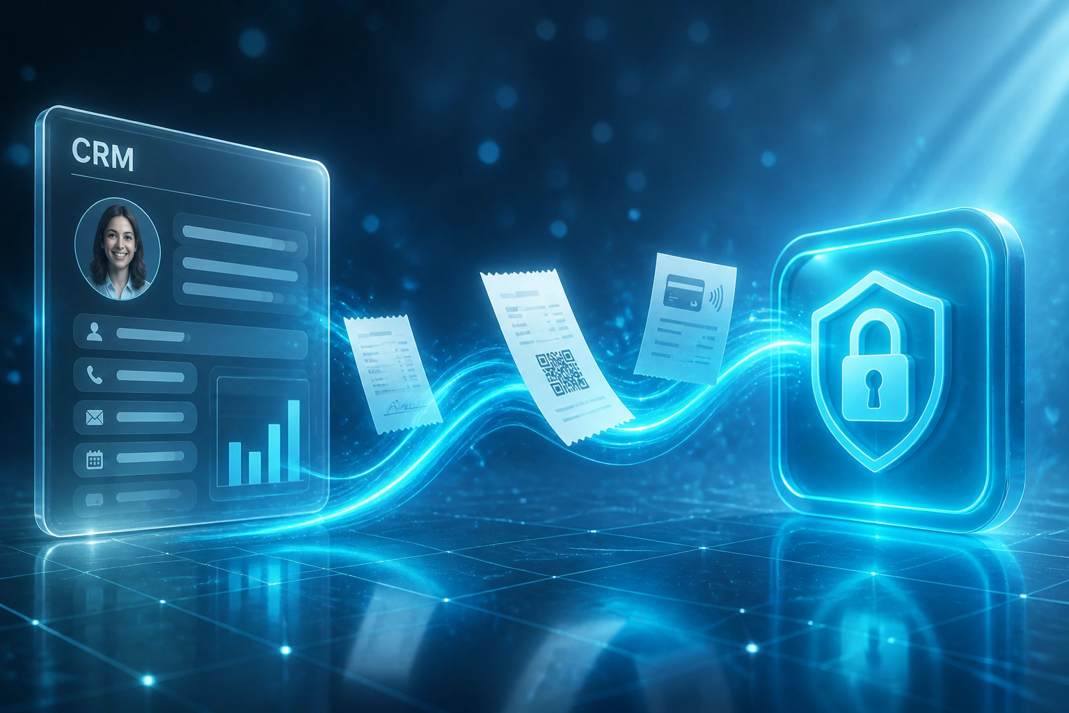A glass CRM panel and a cyan payment-safety lock badge linked by a ribbon of receipts, illustrating charge-once idempotency for duplicate payment prevention
