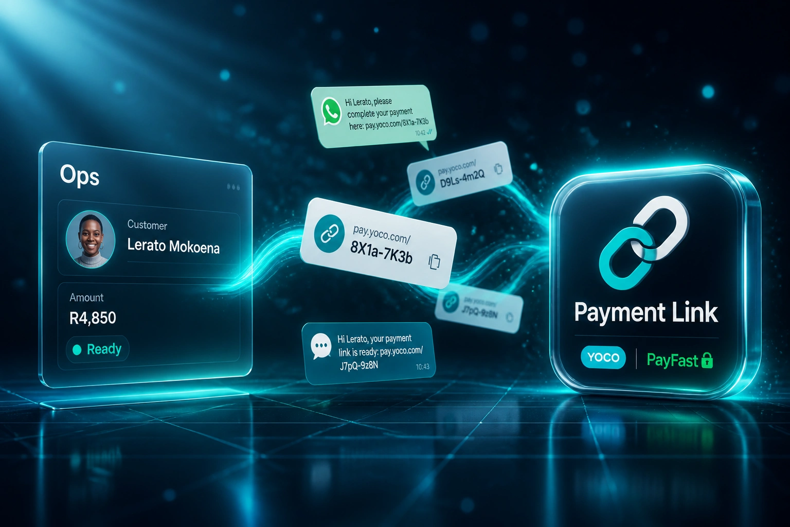 An Ops panel with a customer amount connected by a teal ribbon of WhatsApp and SMS payment links to a glossy Payment Link badge with Yoco and PayFast marks