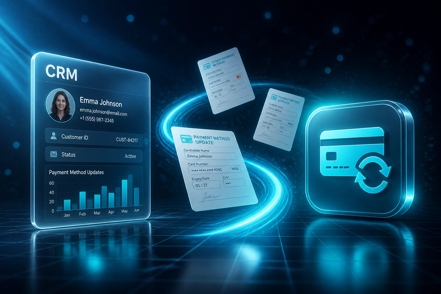 A CRM panel and payment card update badge linked by a cyan ribbon of payment method update forms, illustrating a self-service card update flow
