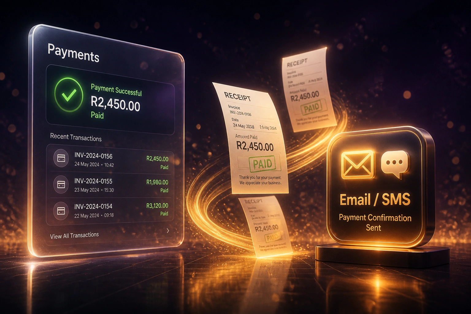A glass Payments panel showing a successful Rand payment and a glossy Email/SMS confirmation badge linked by an amber ribbon of flying receipts