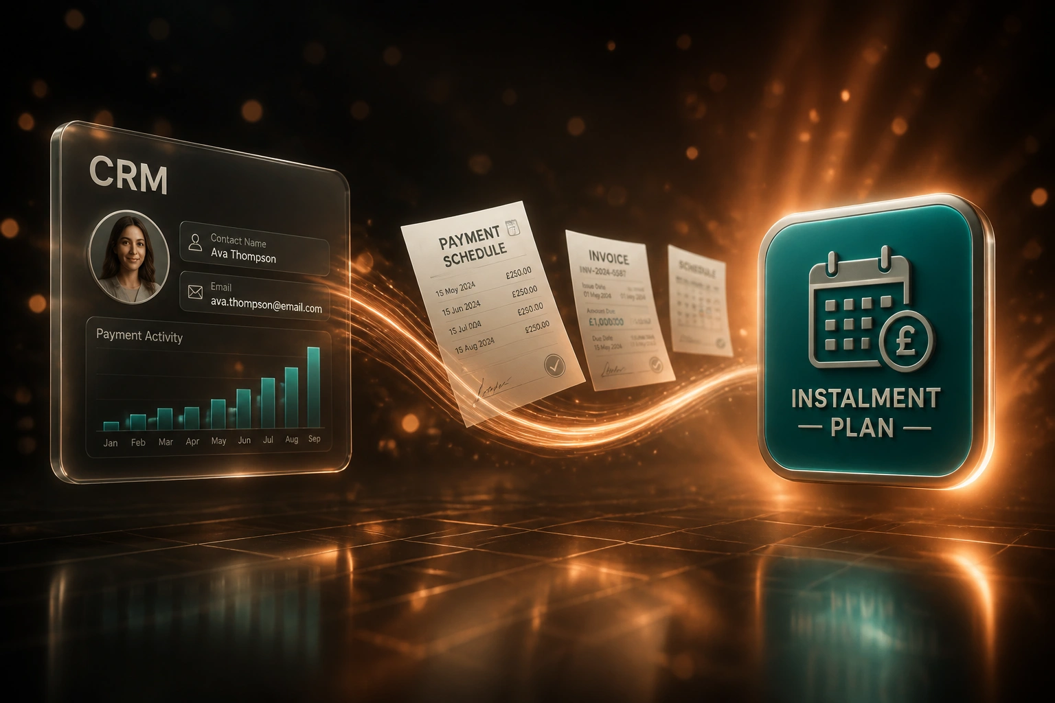 A CRM panel and an instalment-plan badge connected by a copper ribbon of payment schedules and invoices, illustrating an automated payment plan system