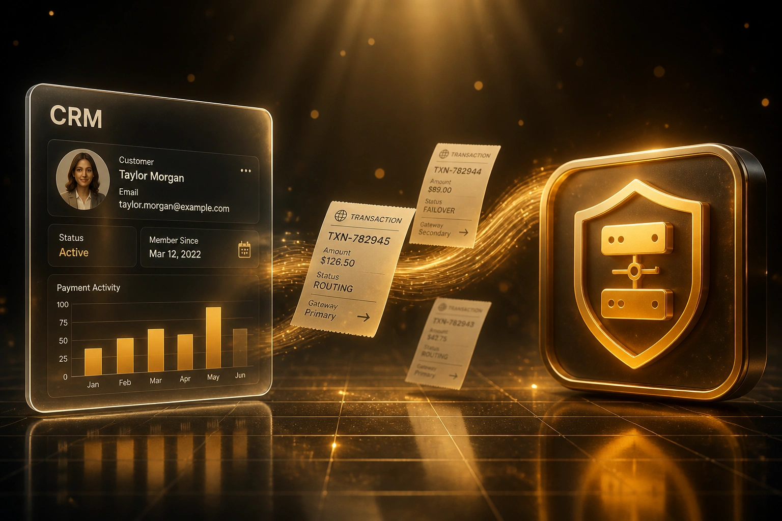 A glass CRM panel and an amber-gold dual-gateway failover badge connected by transaction routing slips on a ribbon of light, illustrating payment provider failover