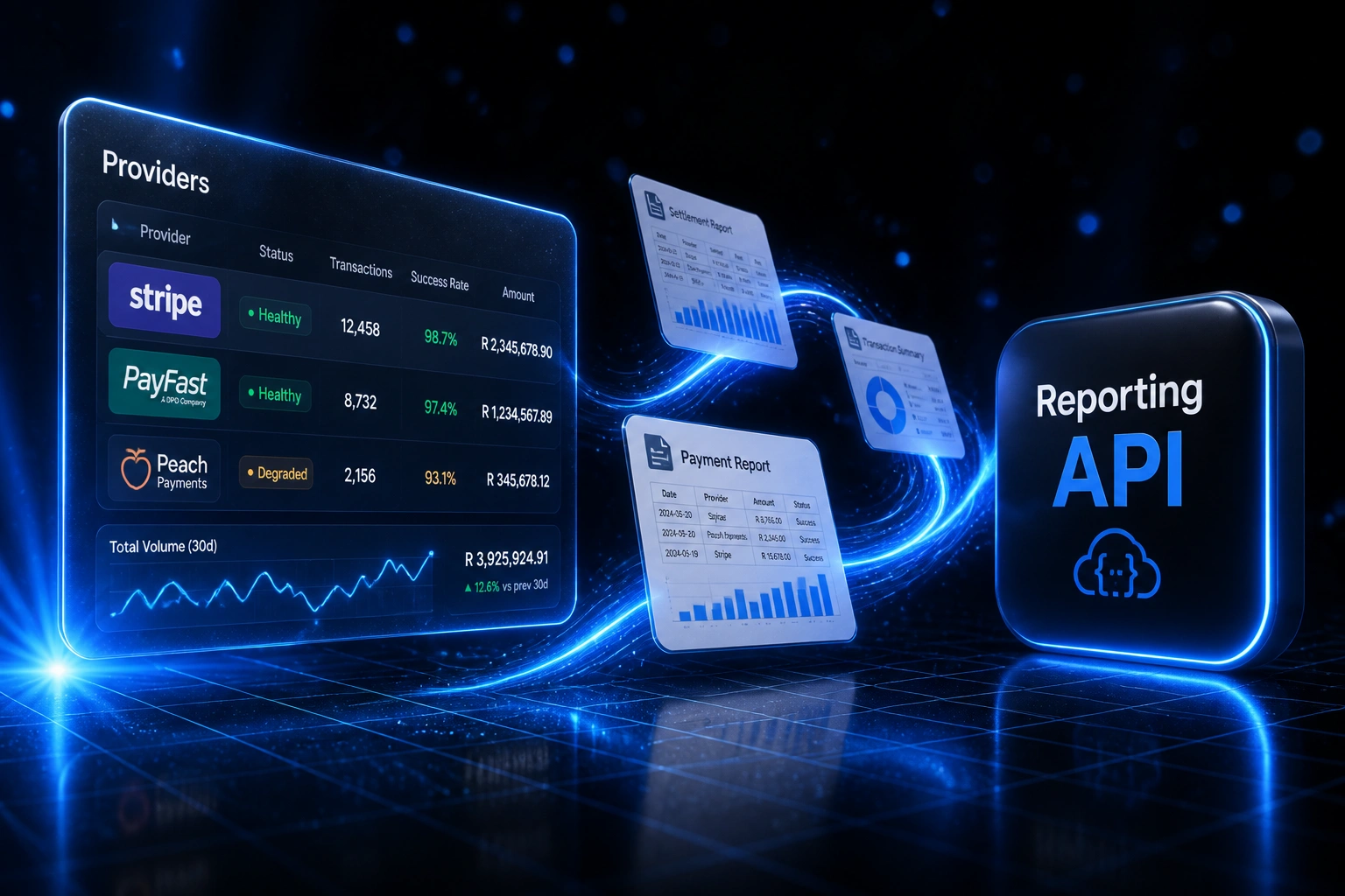 A Providers glass panel with Stripe, PayFast, and Peach rows connected by an electric blue ribbon of report documents to a glossy Reporting API badge