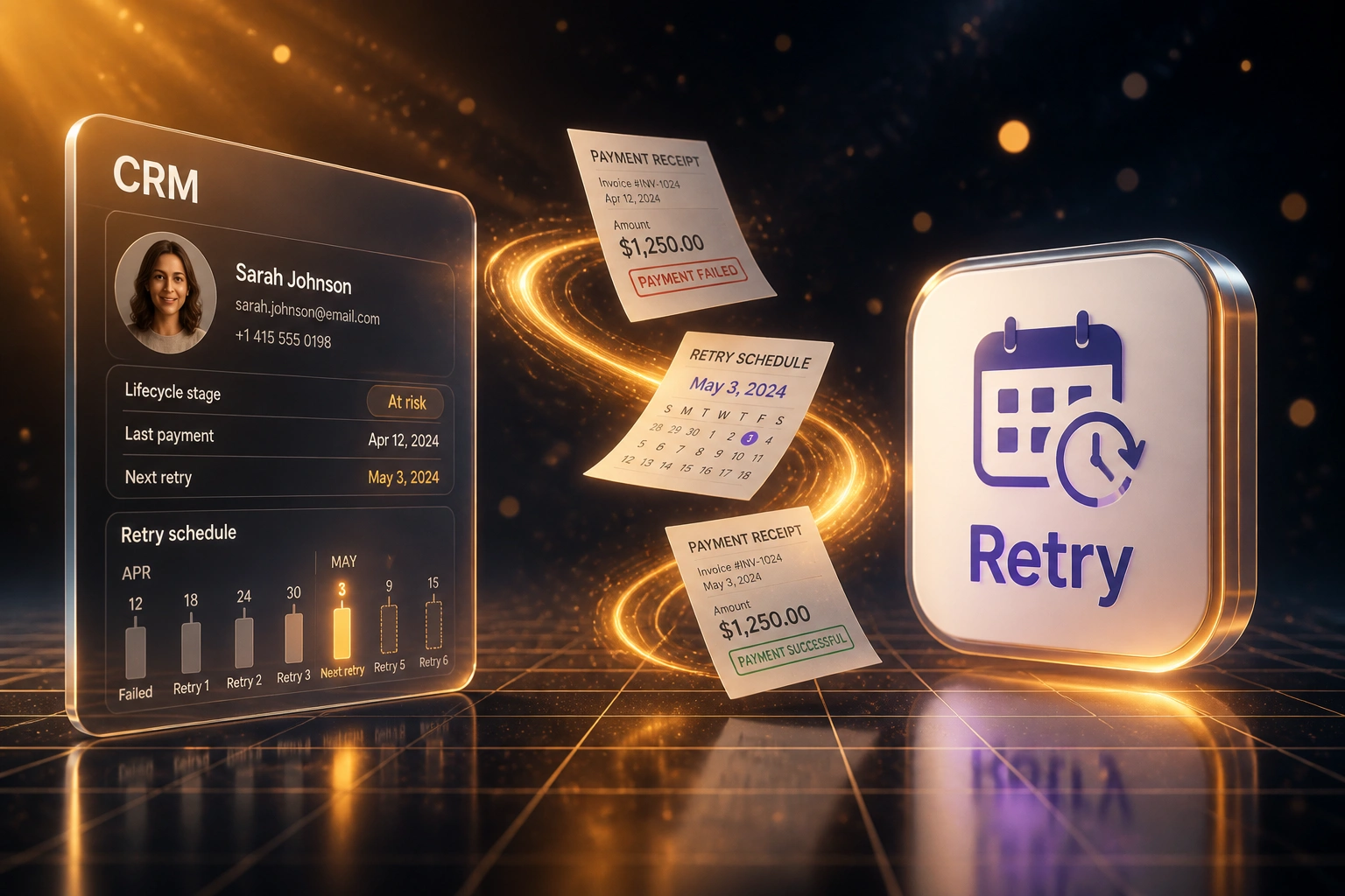 A CRM panel and Retry schedule badge linked by an amber ribbon of payment receipts and calendar documents, illustrating payday-aware retry schedule optimisation