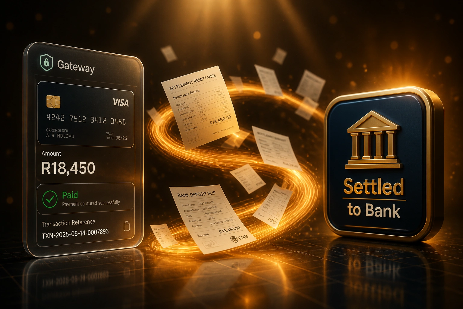 A glass Gateway panel showing a captured payment connected by an amber ribbon of remittance documents to a Settled to Bank badge, illustrating payment settlement tracking