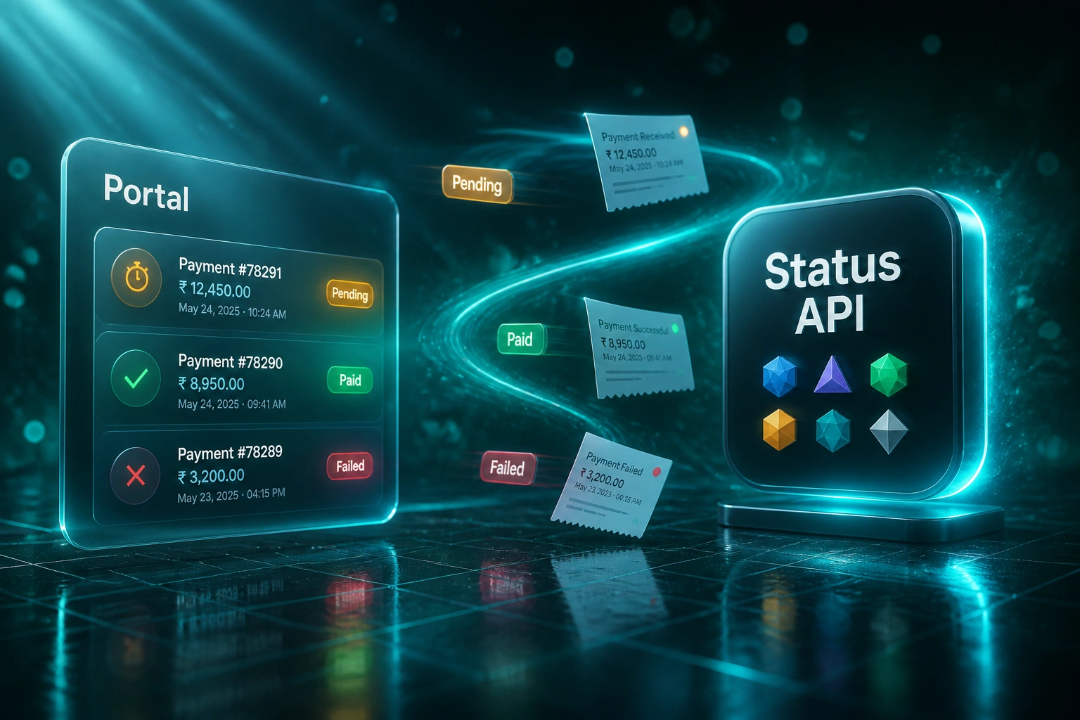 A glass Portal panel showing Pending, Paid, and Failed payment rows connected by a cyan status ribbon to a Status API badge, illustrating unified payment tracking