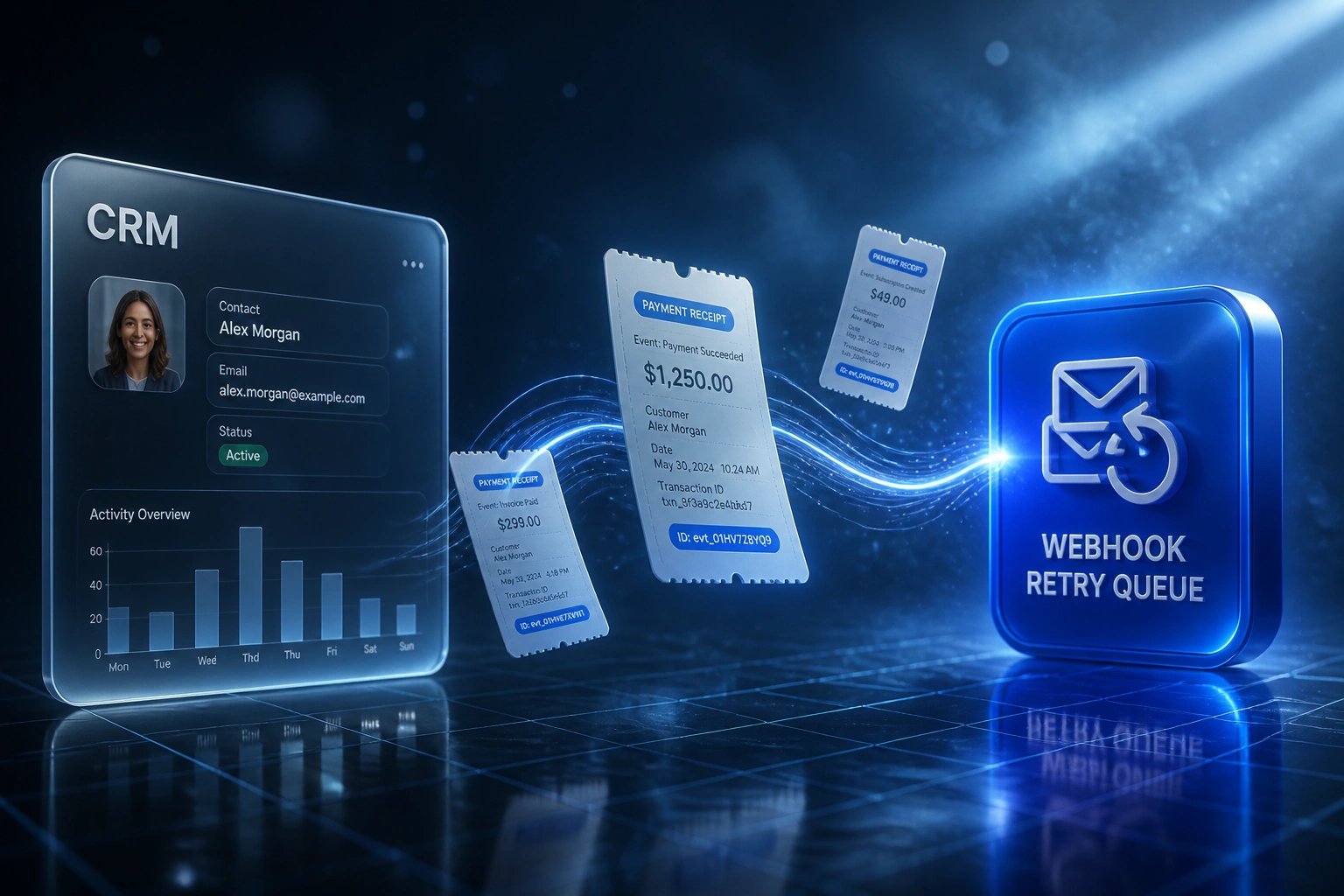A glass CRM panel and a cobalt webhook retry queue badge linked by a ribbon of payment receipts, illustrating durable payment event delivery