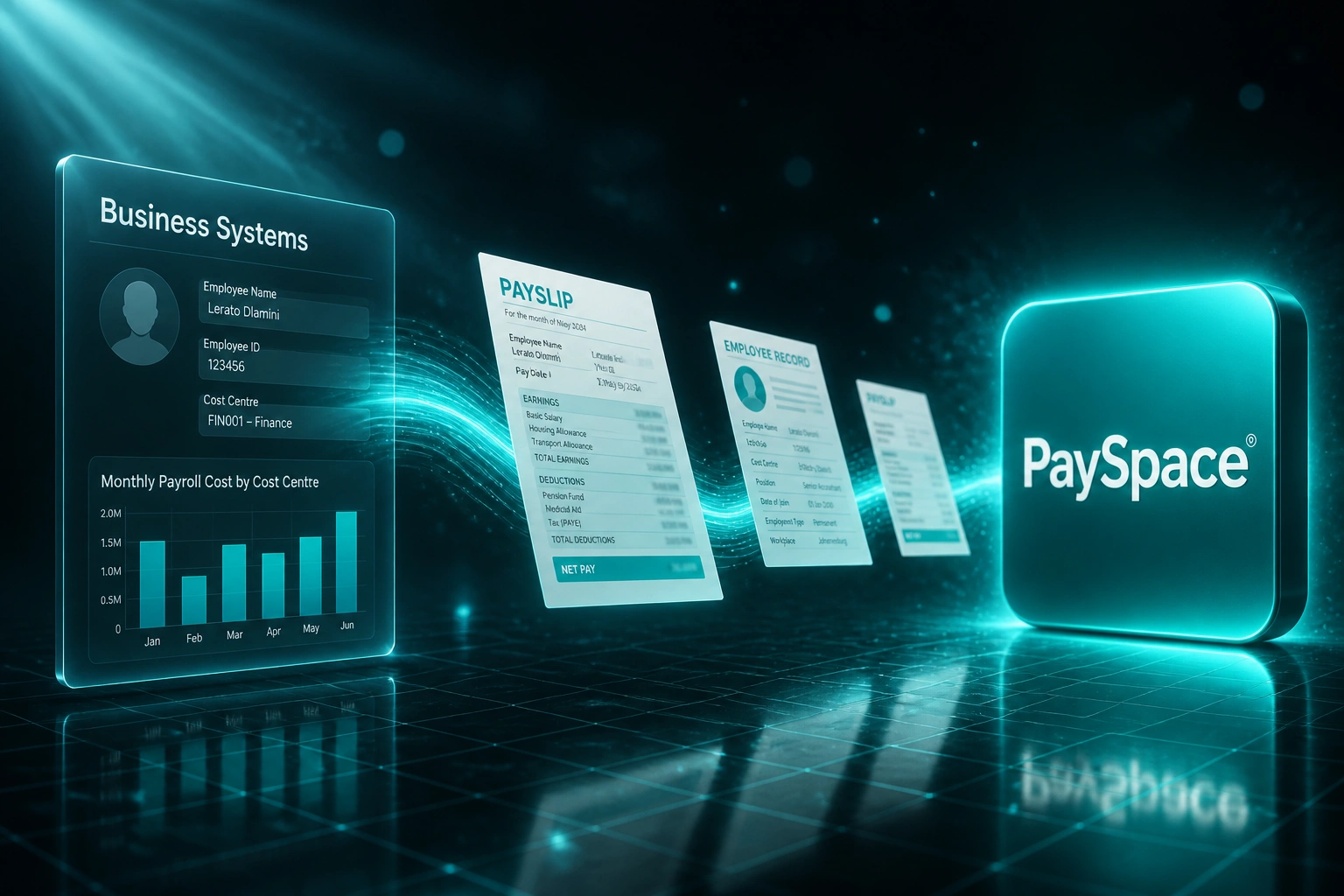 A glass Business Systems panel and the PaySpace logo connected by a teal ribbon of payslips and employee records, illustrating PaySpace payroll integration