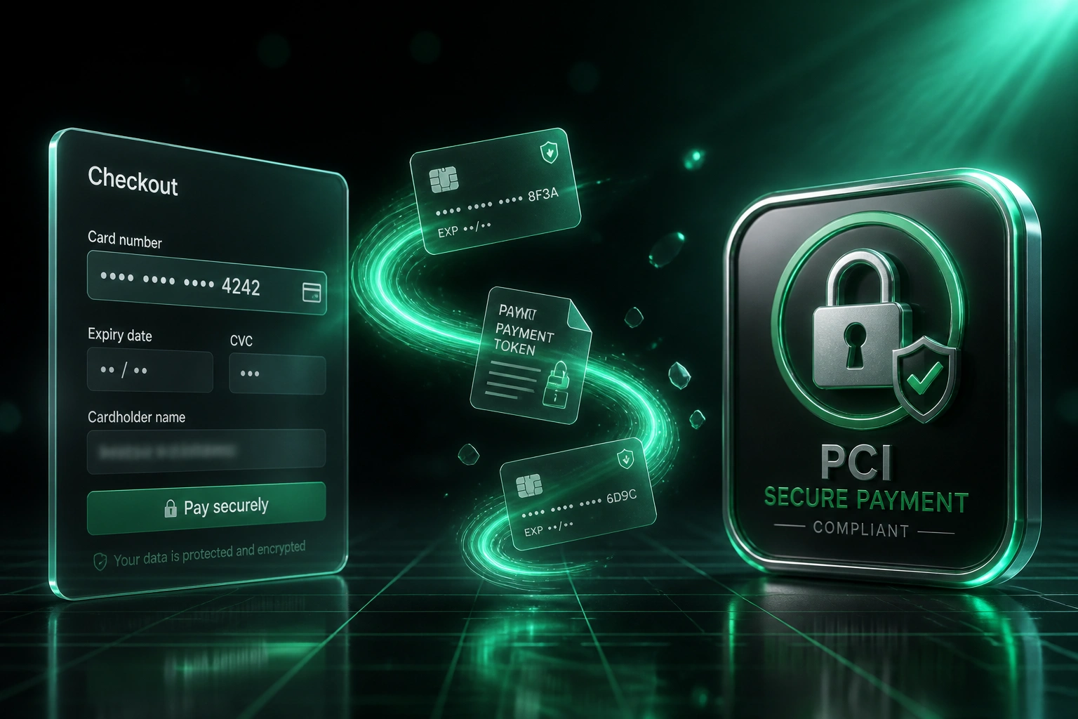 A glass Checkout panel with masked card fields and a glossy PCI secure payment badge connected by tokenised card shards on an emerald ribbon of light