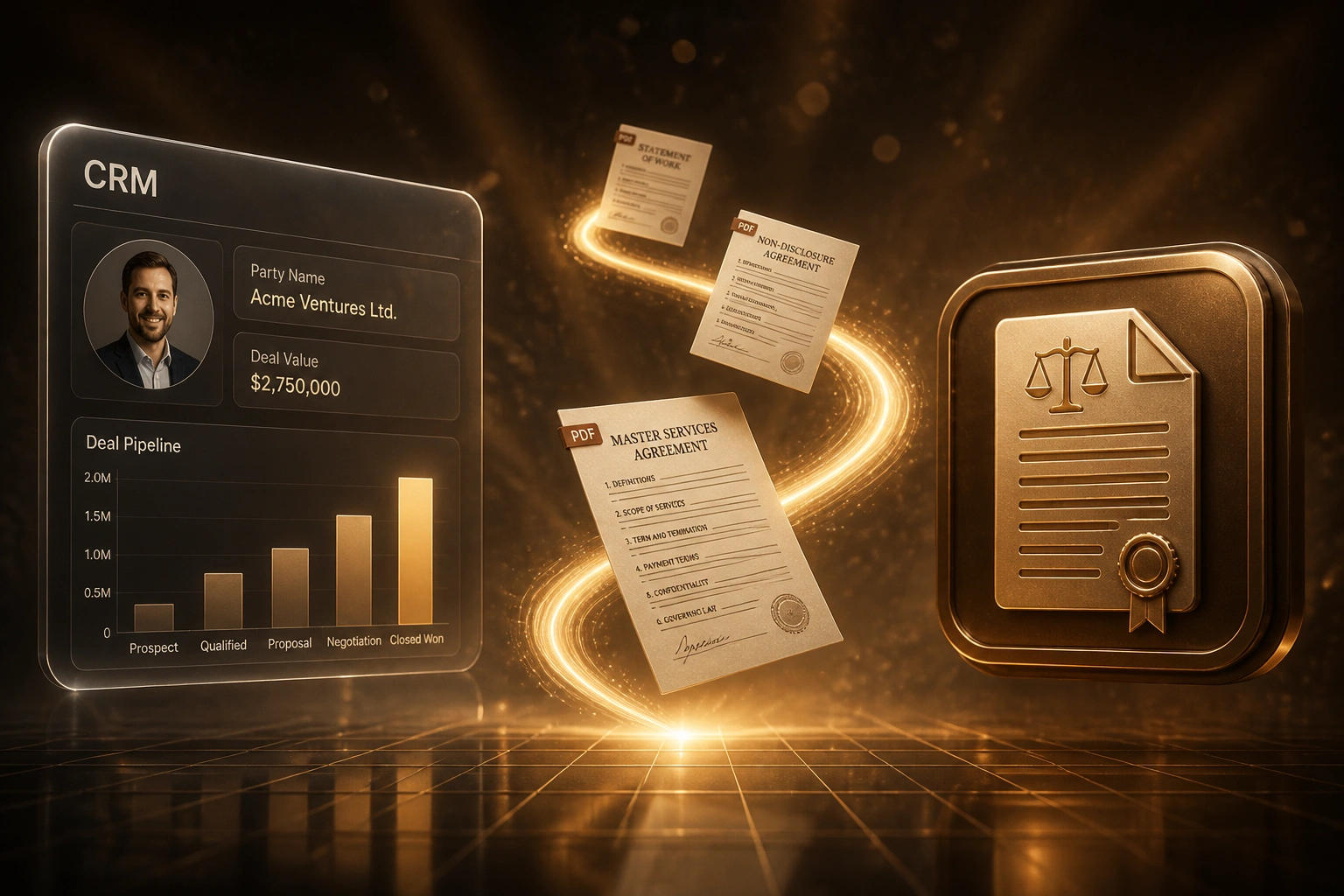 A glass CRM panel and a bronze contract badge connected by a parchment-gold ribbon of mid-flight PDF agreements, illustrating automated contract generation