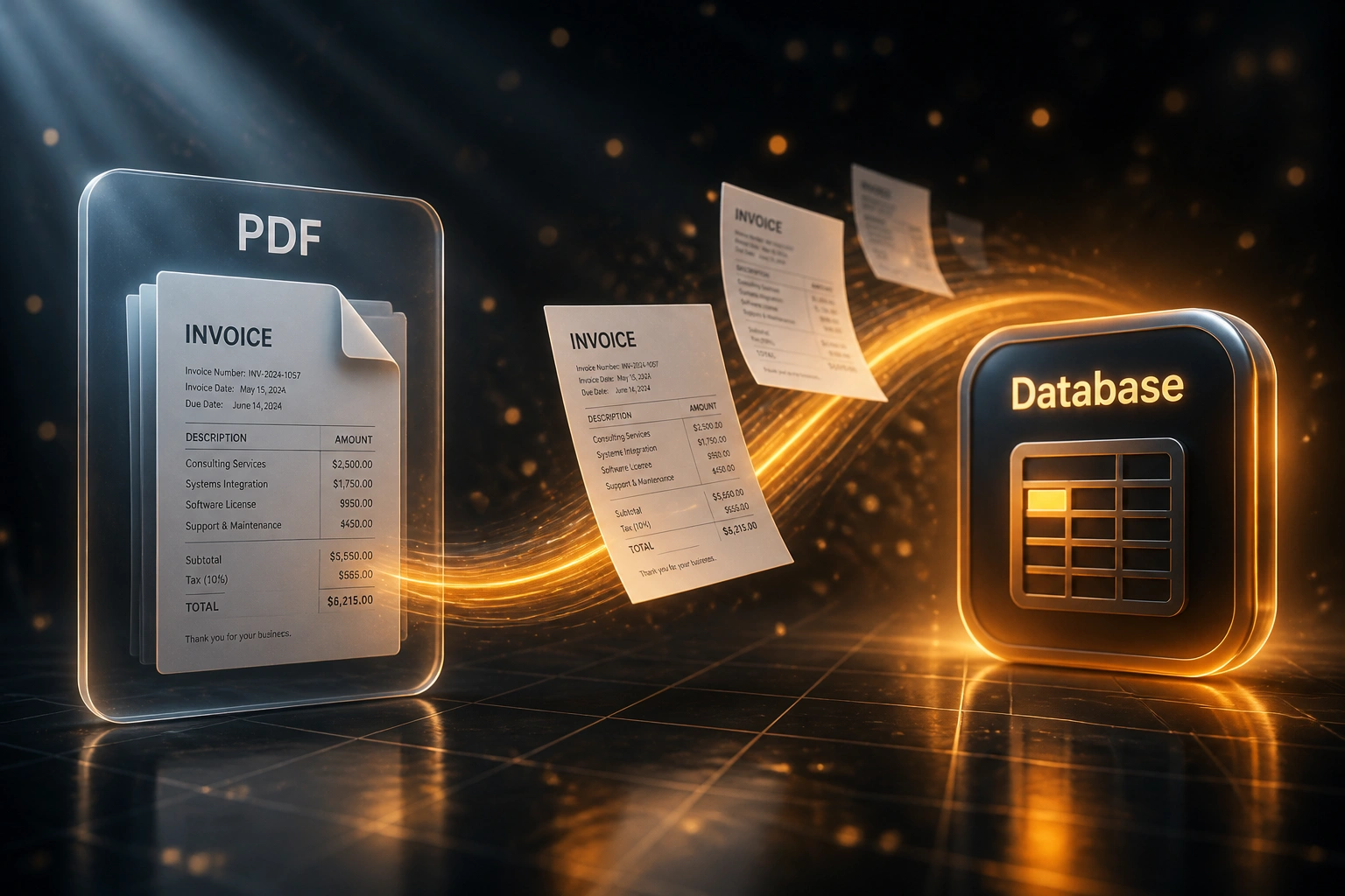 A glass PDF invoice panel and a Database badge connected by invoice pages on a warm amber ribbon of light, illustrating automated PDF data extraction