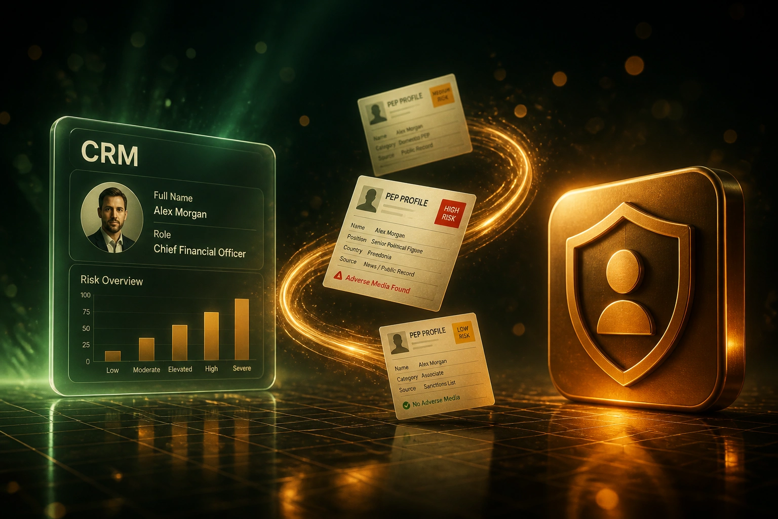 A CRM panel and a bronze PEP status badge connected by a ribbon of PEP profile and alert documents, illustrating ongoing politically exposed persons database monitoring