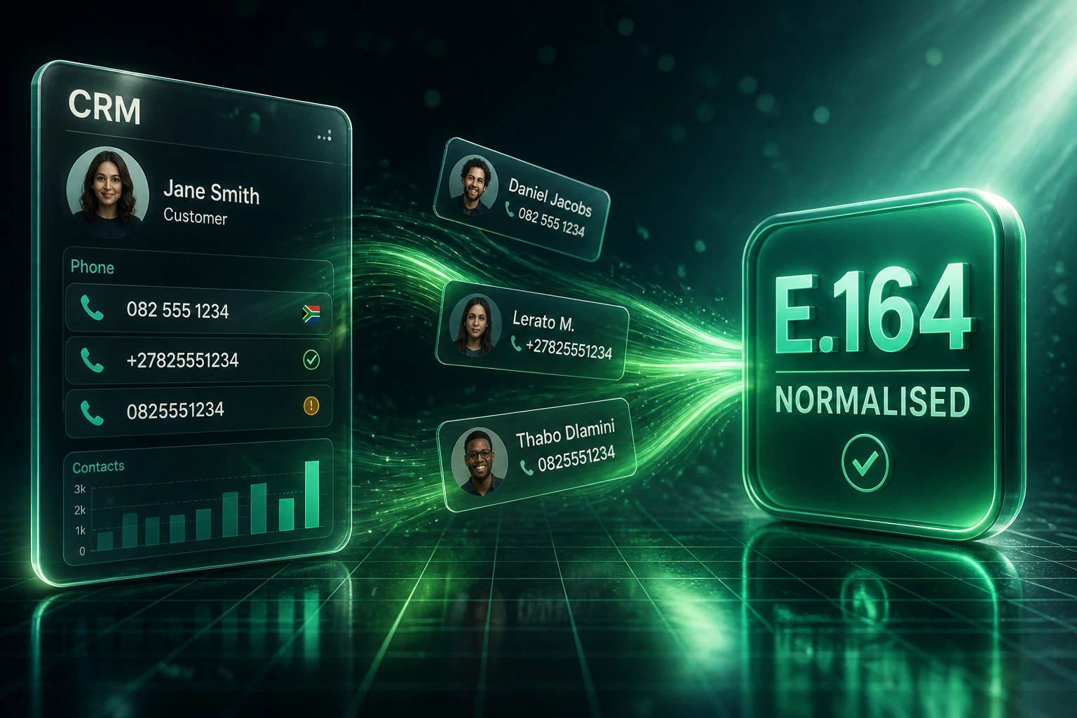 A glass CRM panel with messy phone formats flowing along an emerald ribbon into a glossy E.164 normalised badge, illustrating phone number format cleanup