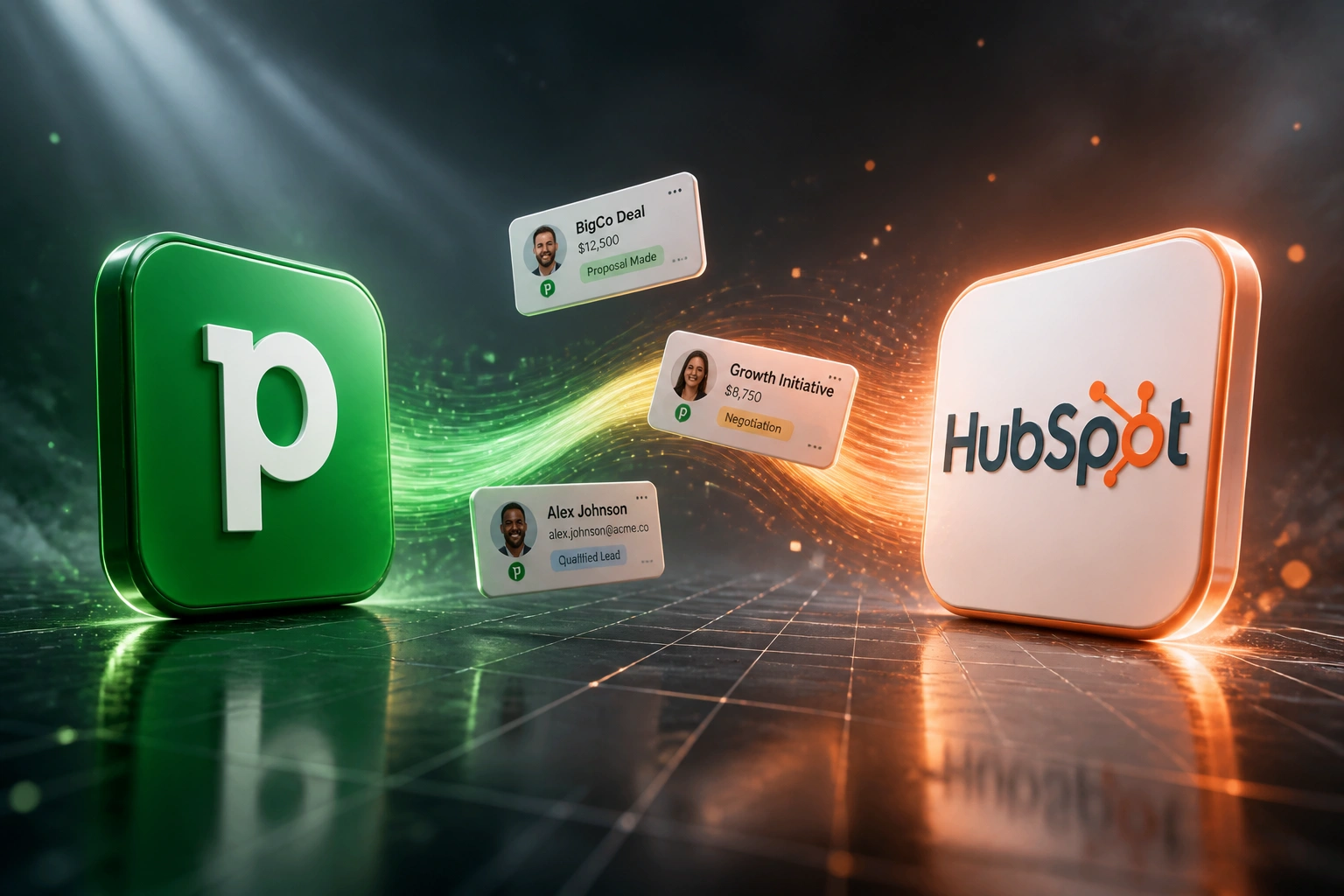 Pipedrive and HubSpot logo badges connected by an S-curved ribbon carrying deal and contact cards across a cool steel-grey reflective floor