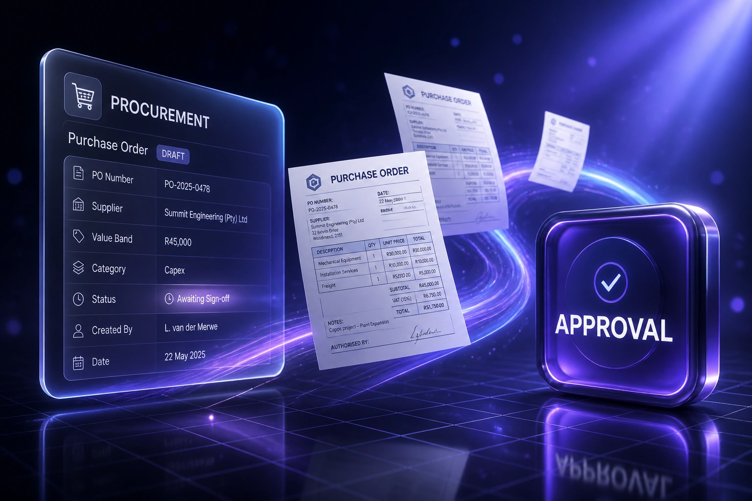 A glass PROCUREMENT panel with a draft PO and a glossy APPROVAL badge linked by purchase order documents on a deep indigo floor grid