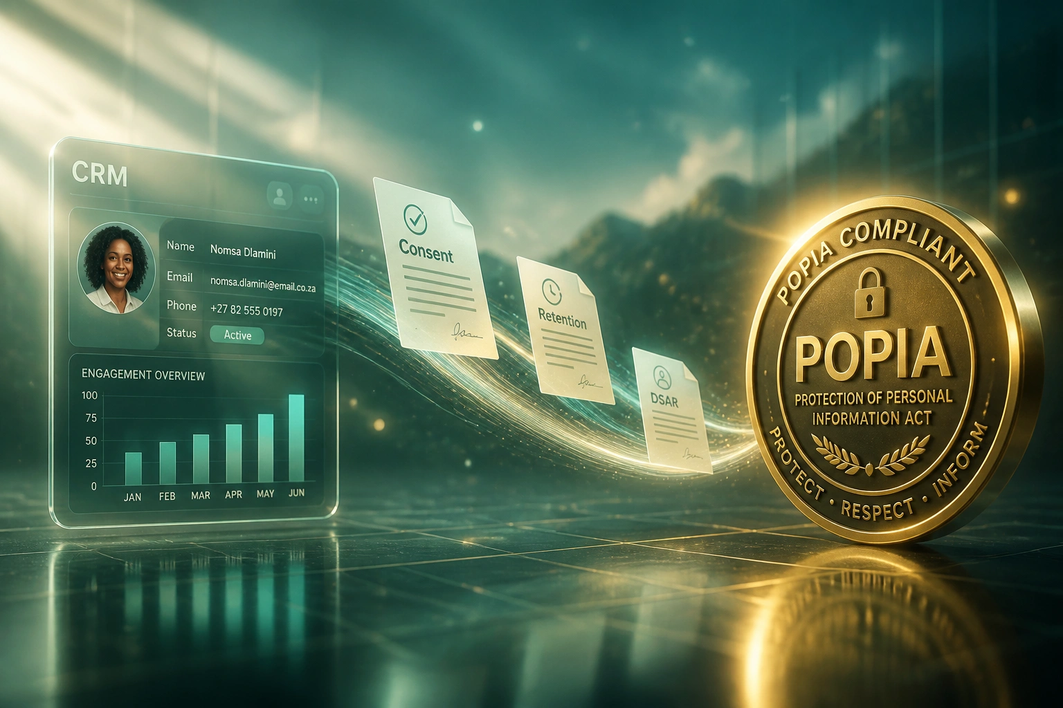 A glass CRM panel and a gold POPIA compliance seal linked by a ribbon of consent, retention, and DSAR documents in a soft dawn teal scene
