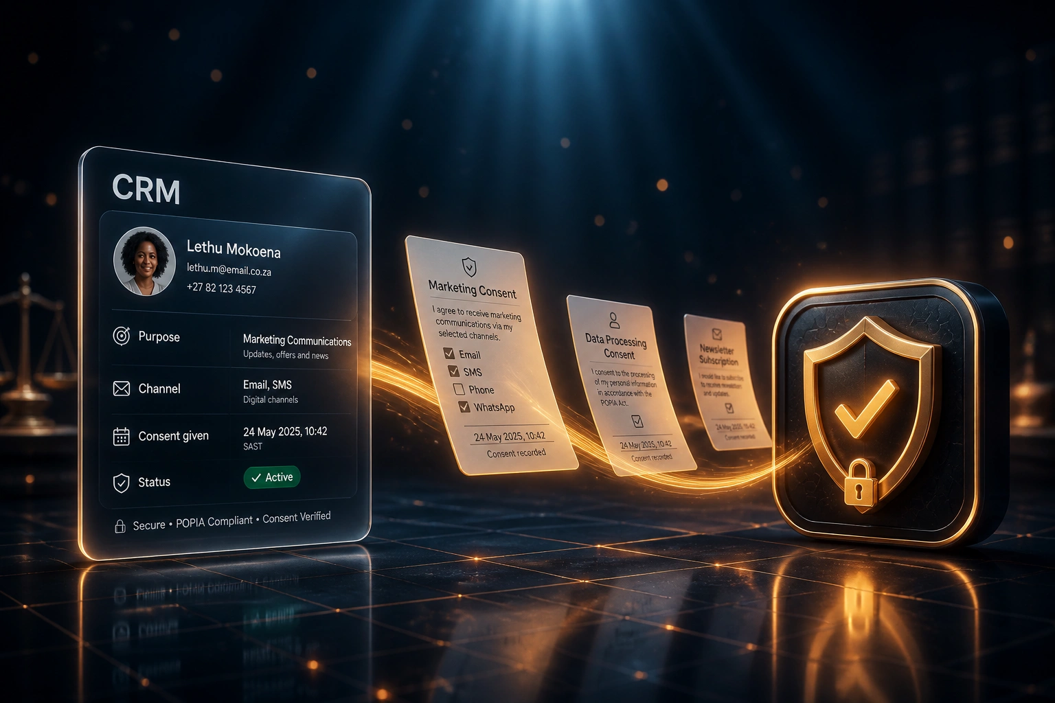 A glass CRM consent panel and a glossy POPIA-style consent shield linked by floating permission cards on an amber ribbon in a deep navy legal scene