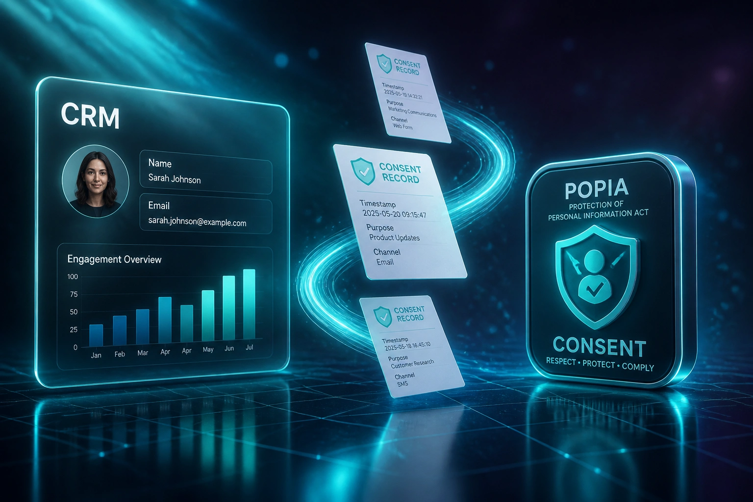 A glass CRM panel and a glossy POPIA consent shield linked by floating consent-record cards on a teal ribbon in a deep indigo privacy scene
