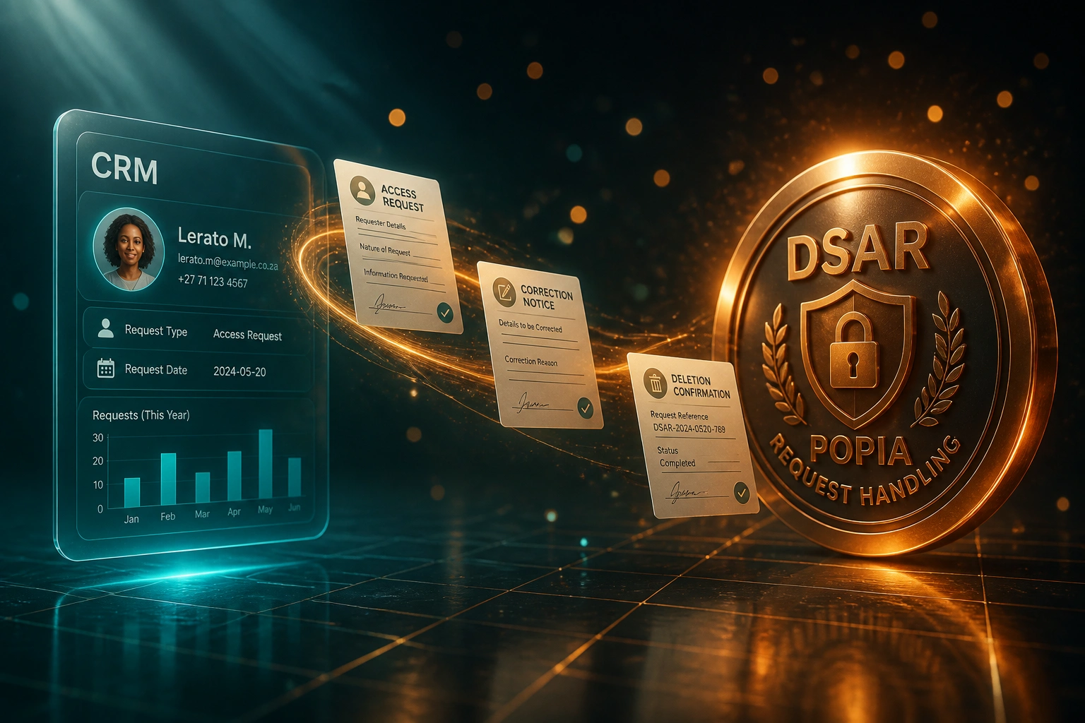 A glass CRM panel and a copper-gold DSAR POPIA Request Handling seal linked by a ribbon of access, correction, and deletion documents in a deep teal night scene