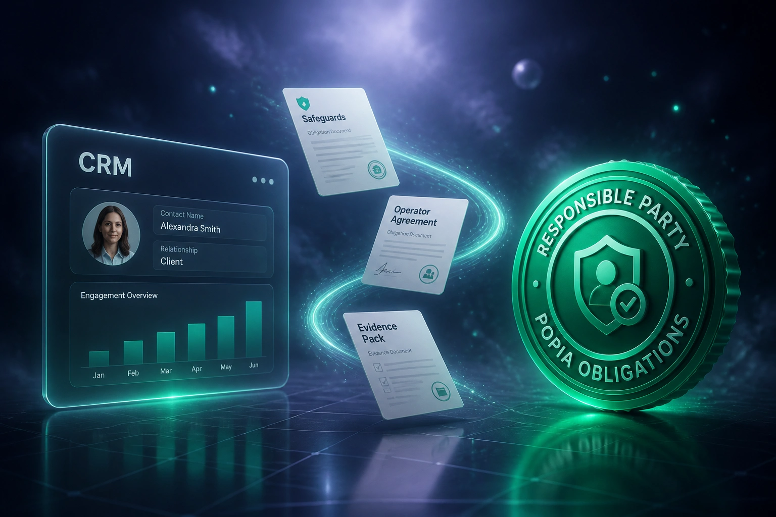 A glass CRM panel and an emerald POPIA Responsible Party seal linked by a ribbon of safeguards, operator agreements, and evidence documents in slate indigo fog